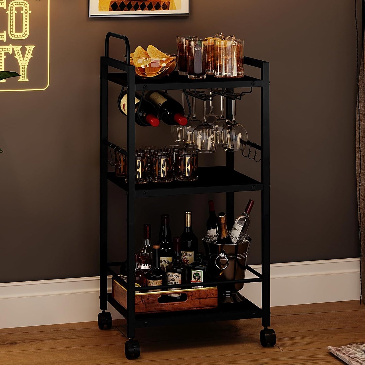 Bar Cart for the Home, 3 Tier Kitchen Carts with Wheels, Small Rolling Cart with Glass Holders, Wine Rack, Mini Bar Cart for Kitchen, Dining Room, Living Room, 13.0" D X 17.0" W X 33.8" H, Black