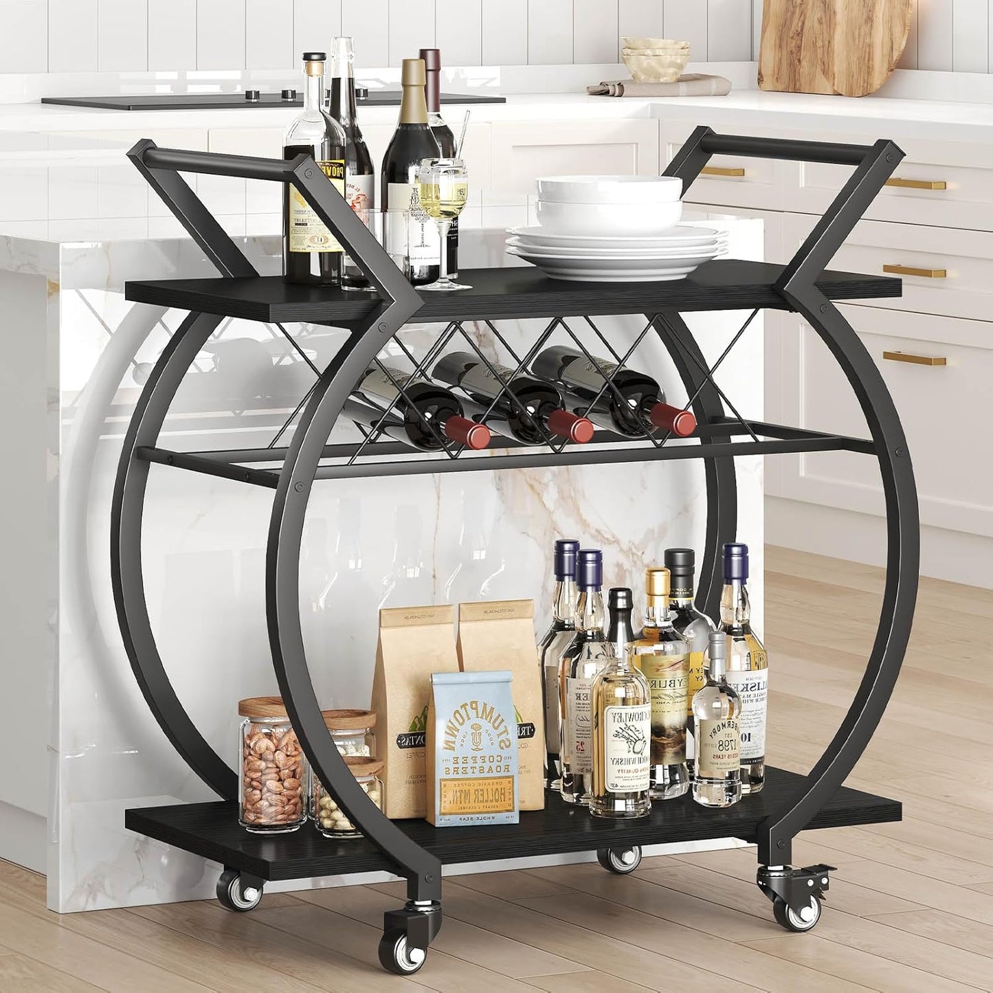 Black Wine Cart with Wheels, Modern Bar Cart with Wine Rack, Industrial Beverage Rolling Kitchen Serving Cart with Storage, Metal Wooden Microwave Drink Liquor Cart for Home Dining Room, Black Oak