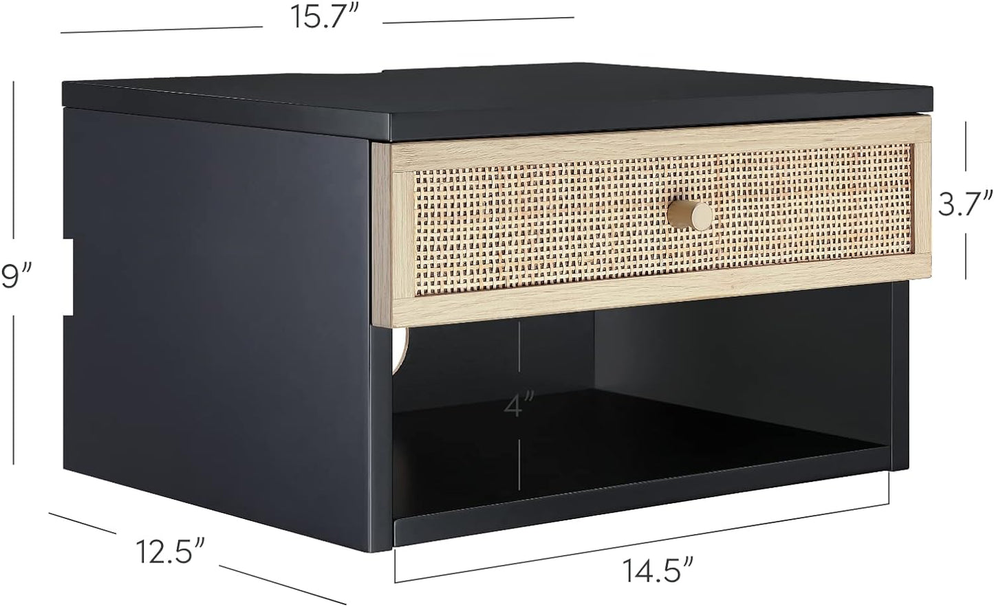 Jackson Wall Mounted Rattan Floating Bedroom Nightstand with Storage Drawer and Modern Open Shelf Cubby, Black/Rattan