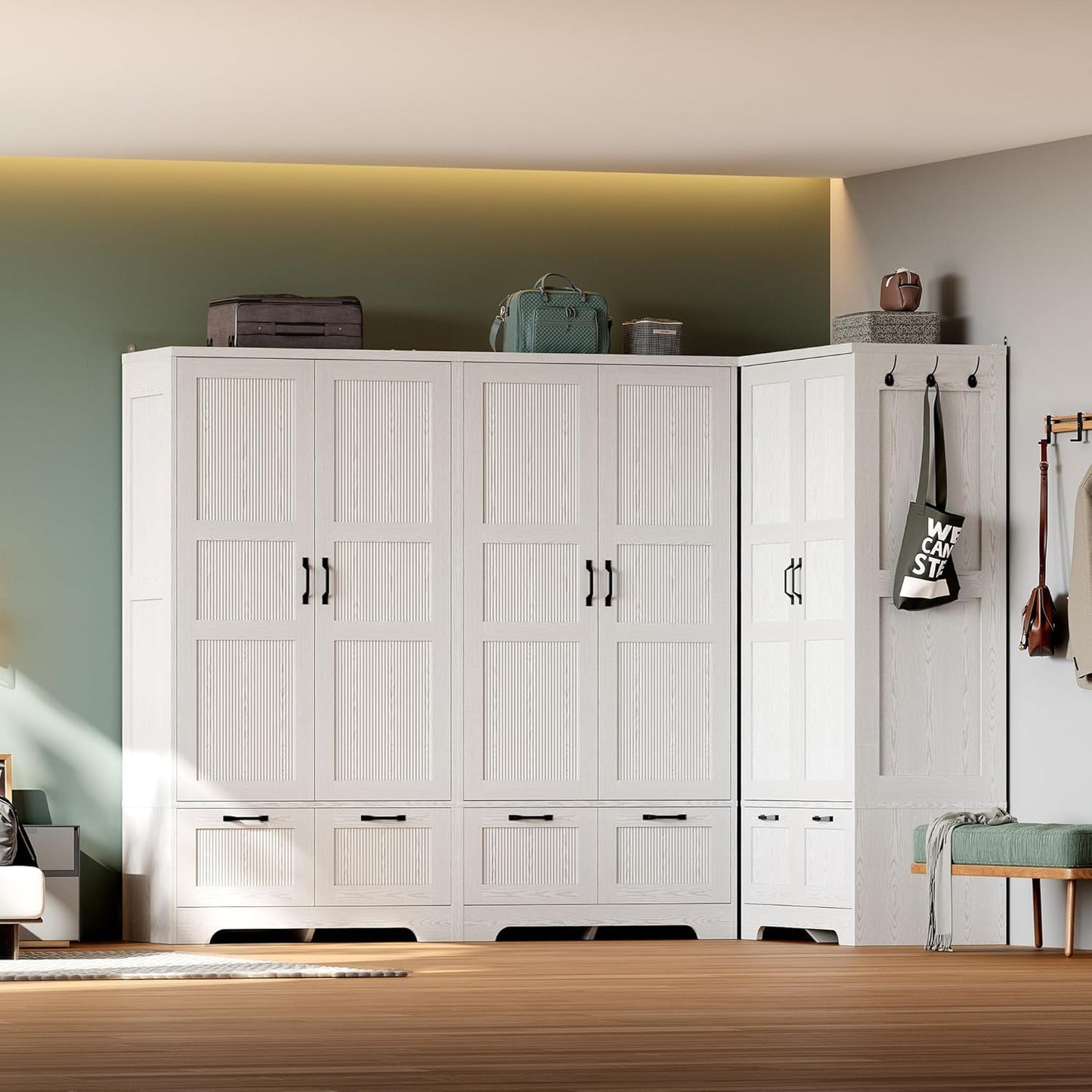 Armoire Wardrobe Closet, 71" H Wooden Clothing Storage Cabinet with 2 Doors and 2 Drawers, Bedroom Freestanding Wardrobe Combination with Hanging Rod and Adjustable Shelves, White