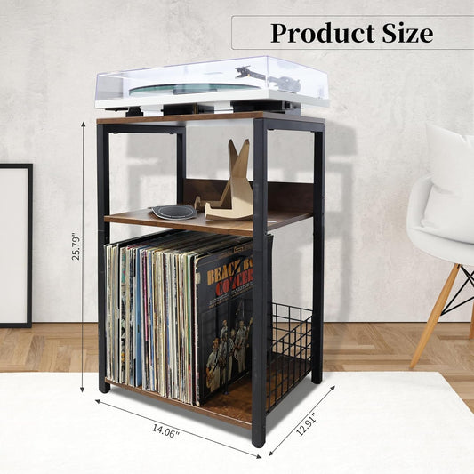 3-Tier Record Player Stand, Metal End Table Storage up to 100 Albums, Record Player Tables with Vinyl Storage Shelf, Brown Vinyl Record Storage for Living Room, Bedroom