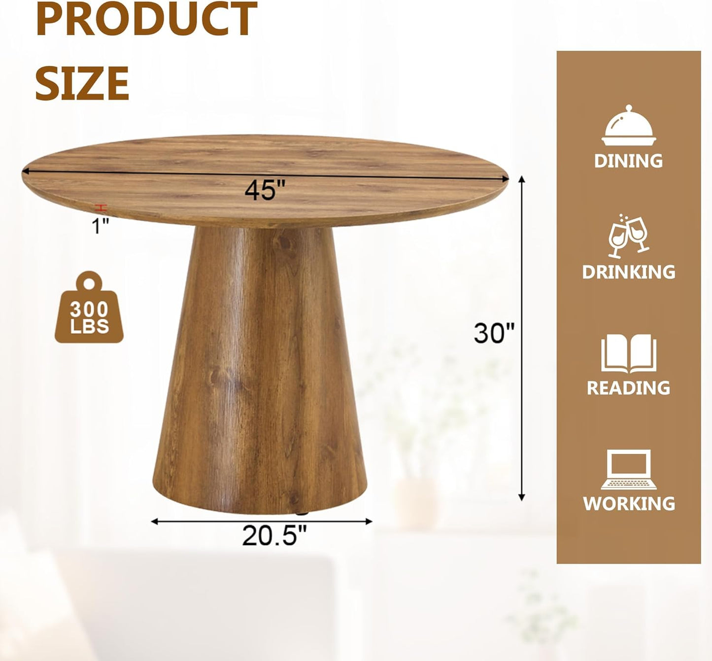 Round Dining Table 45'',Wood Dining Room Table for 4-6,Round Pedestal Dining Table with Stable Base,Circle Wood Texture Kitchen Table for Dining Room Easy Assembly