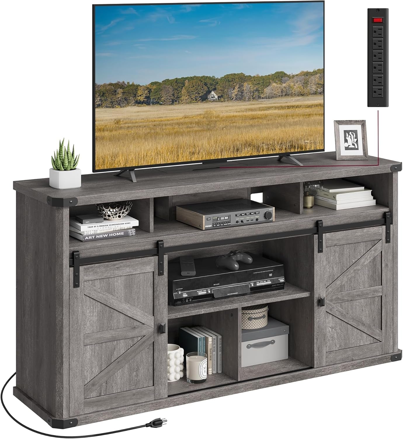 TV Stand for Tvs up to 65 Inches, Farmhouse Entertainment Center with Sliding Barn Doors, TV Console Table for Living Room, Misty Gray ULTV322G68