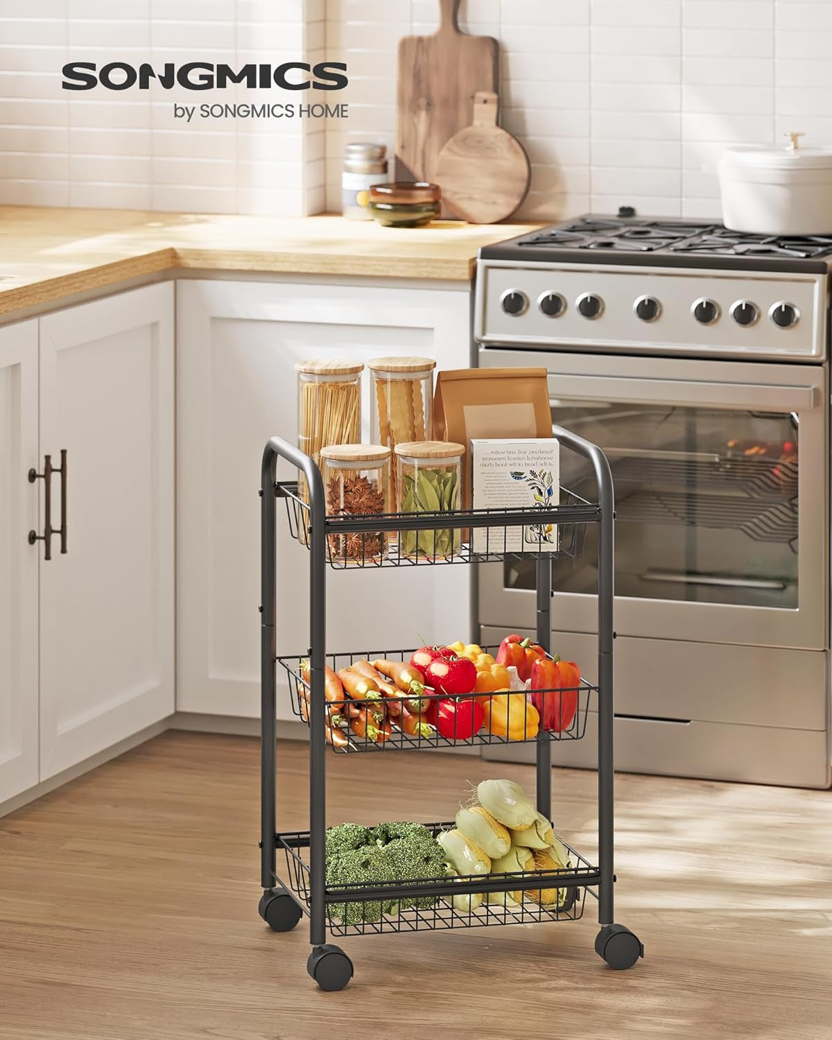3-Tier Metal Rolling Cart on Wheels with Baskets, Lockable Utility Trolley with Handles for Kitchen Bathroom Closet, Storage with Removable Shelves, Black UBSC03BK