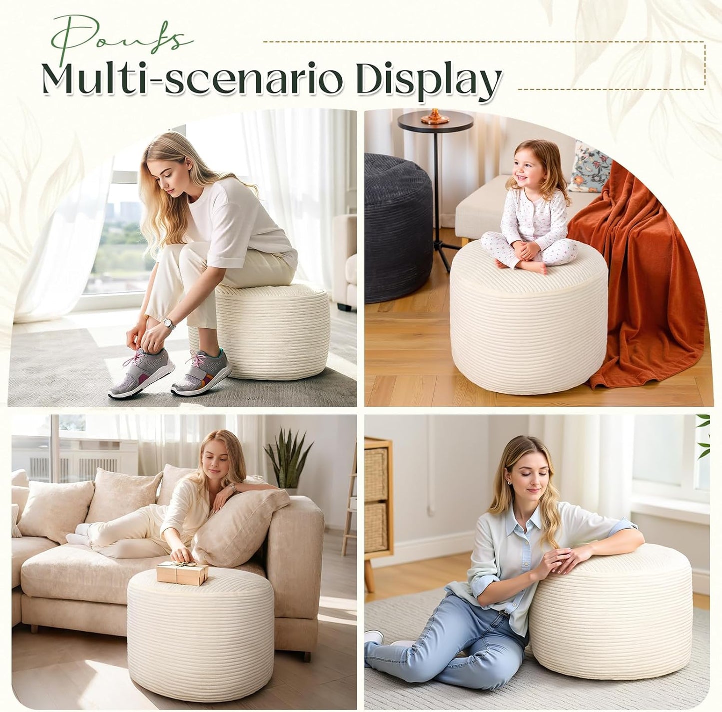 Round Corduroy Ottoman Foot Rest Pouf for Living Room Couch - Soft Plush Shredded Foam Filled Hassock Stool, Comfy Footstool