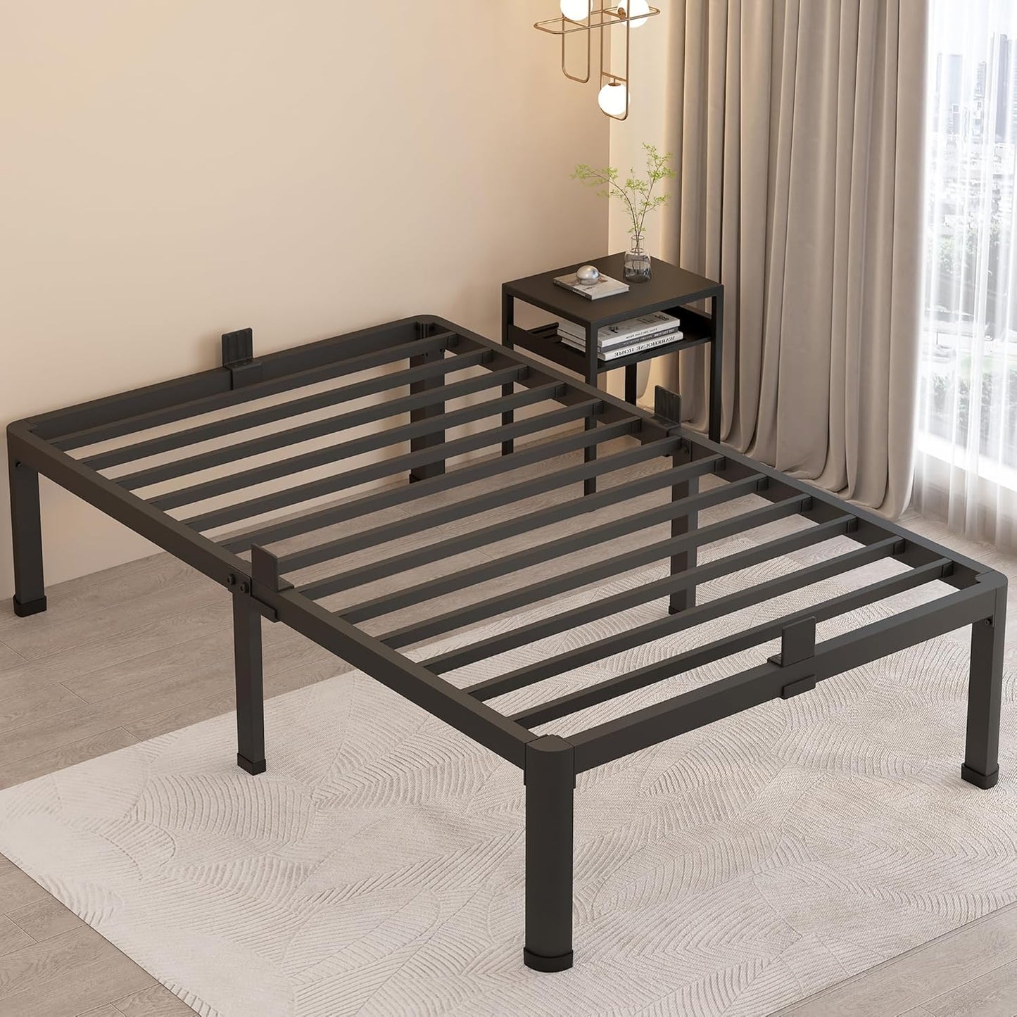 18 Inch Twin Bed Frames with round Corner Legs Mattress Slide Stopper No Box Spring Needed Heavy Duty Metal Platform Bed Frame Under-Bed Storage Space, 3000 LBS Steel Slats Support