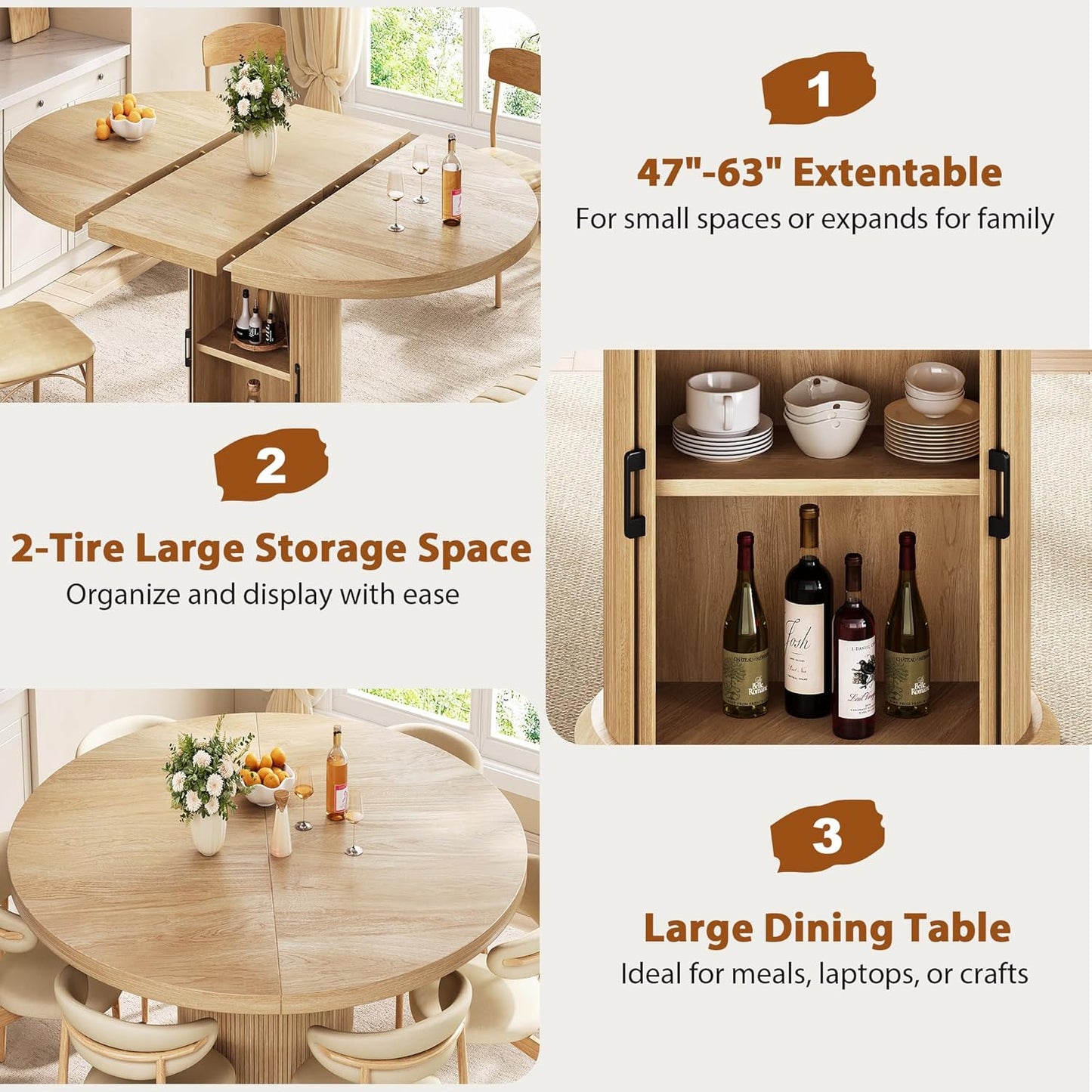Dining Table for 4-6,63“Extendable round Kitchen Dining Room Table with 2-Tier Storage Shelf, Space Saving Expandable Wood Oval Circle Dinner Furniture with Pedestal Base (Natural)