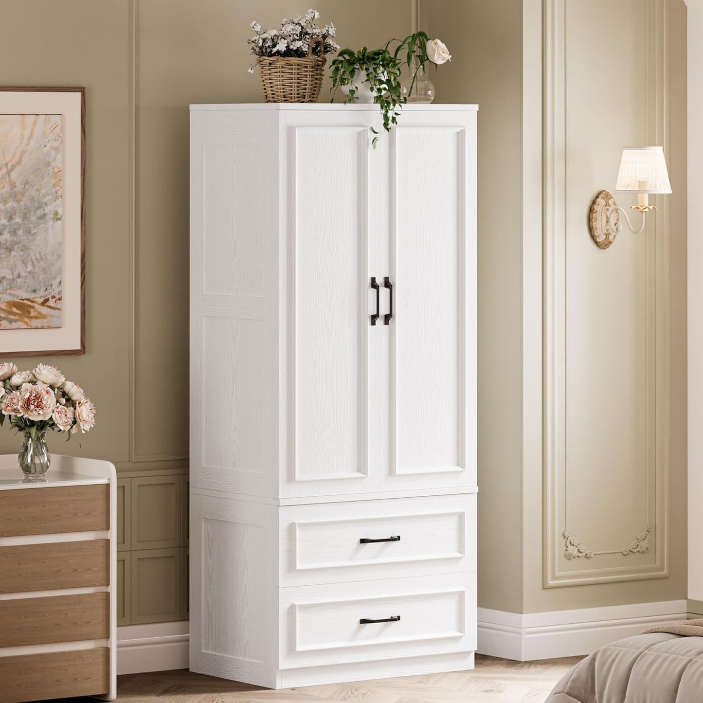 Armoire Wardrobe Closet with 2 Doors and 2 Drawers 70" H X 28" W Wooden Bedroom Freestanding Wardrobe Combination for Hanging Clothes, White