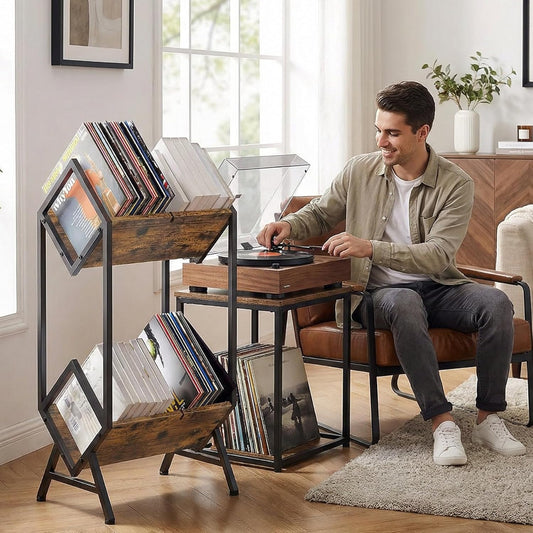 2-Tier Vinyl Record Storage, Metal Vinyl Record Holder for 160-200 LP Storage, Vintage Design Record Shelf for Albums Books Magazines Files, Matte Black- Designed for Your Vinyl Only