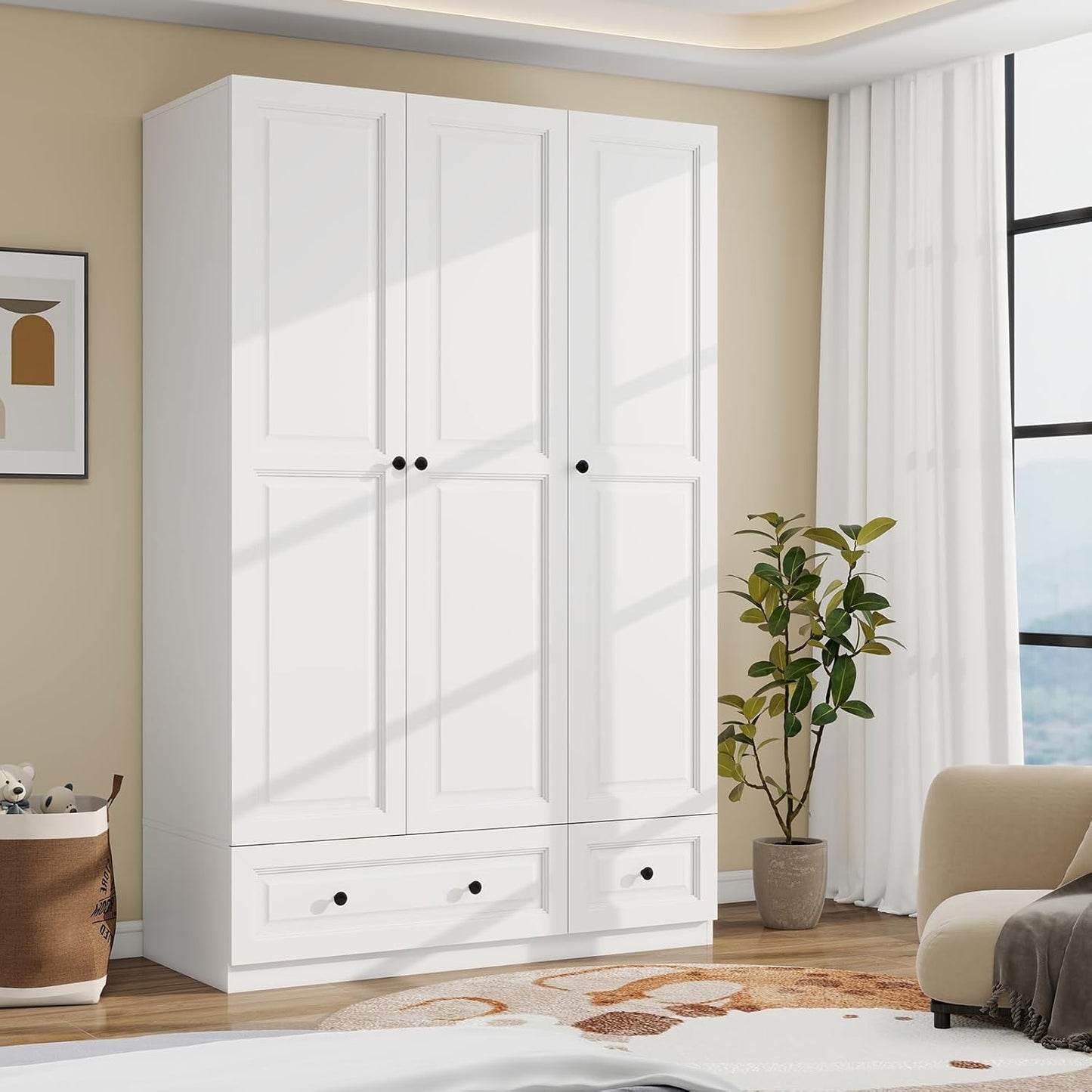 Armoire Wardrobe Closet with Drawers: 74" White Tall Wooden Wardrobe Closet for Hanging Clothes, Large Bedroom Armoires with 2 Drawers, 3 Door Armoire Storage Cabinet (White, 47")