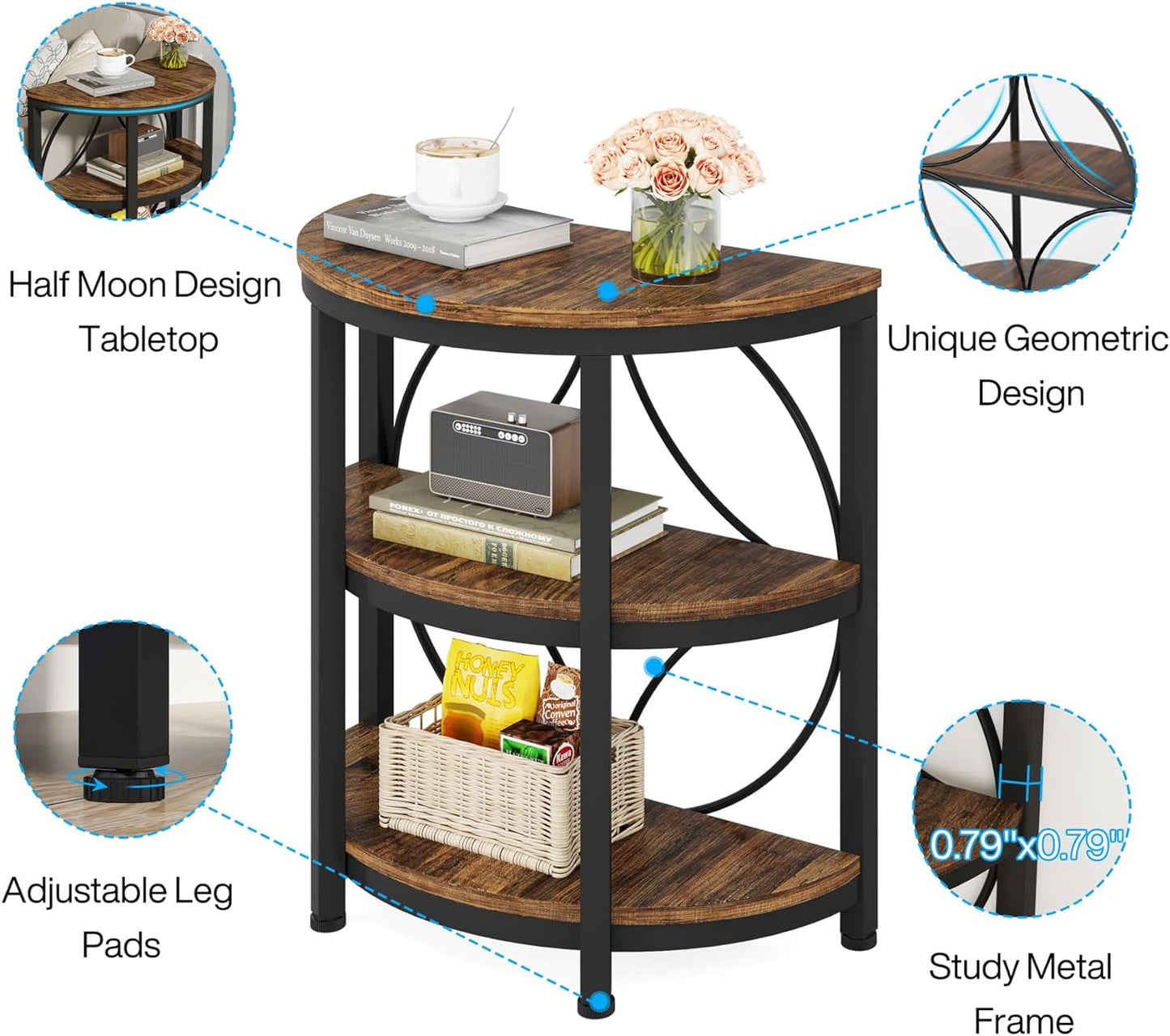 Half round End Table for Living Room, 3-Tier Half Side Table with Metal Frame, Industrial Half Moon Table with Storage Shelves, Half Circle Accent Table for Entryway, Bedroom, Rustic Brown