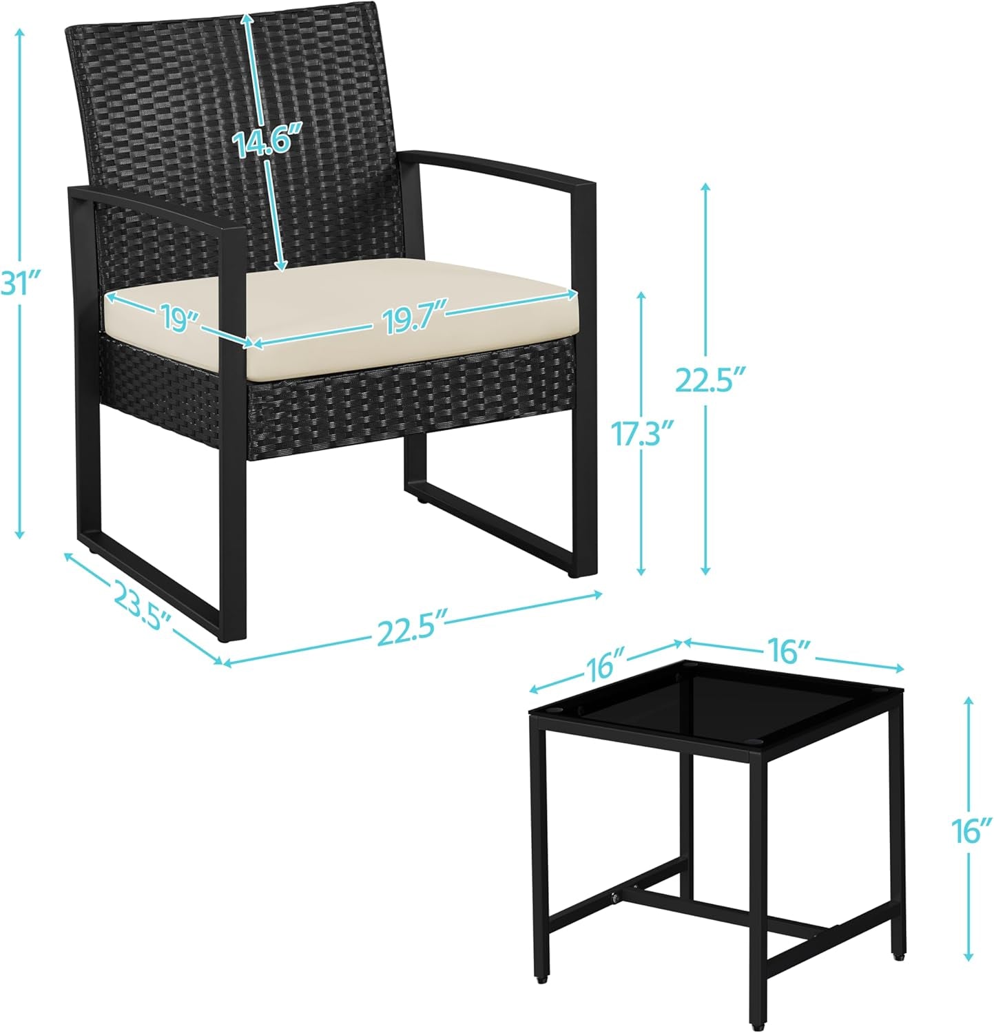 Black and beige rattan bistro set with glass coffee table, view 9