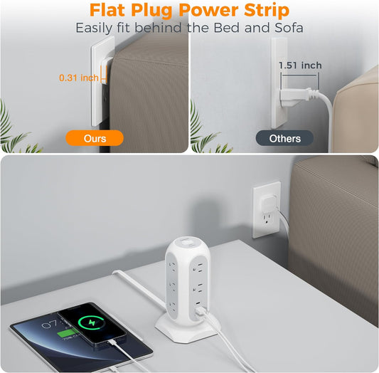 Tower Power Strip Flat Plug with 11 Outlets 3 USB (1 USB C), Surge Protector Tower 1625W/13A,1050J Protection, 6 Feet Extension Cord with Multiple Outlets, Office Desk Supplies, Dorm Essentials