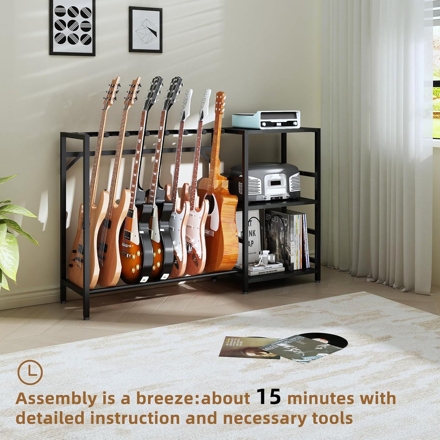 Record Player Stand with Guitar Stand, Record Player Table with Guitar Rack, Guitar Holder 7 Space for Multiple Guitars, Bass, Acoustic, Guitar Display for Home Music Studio, Black