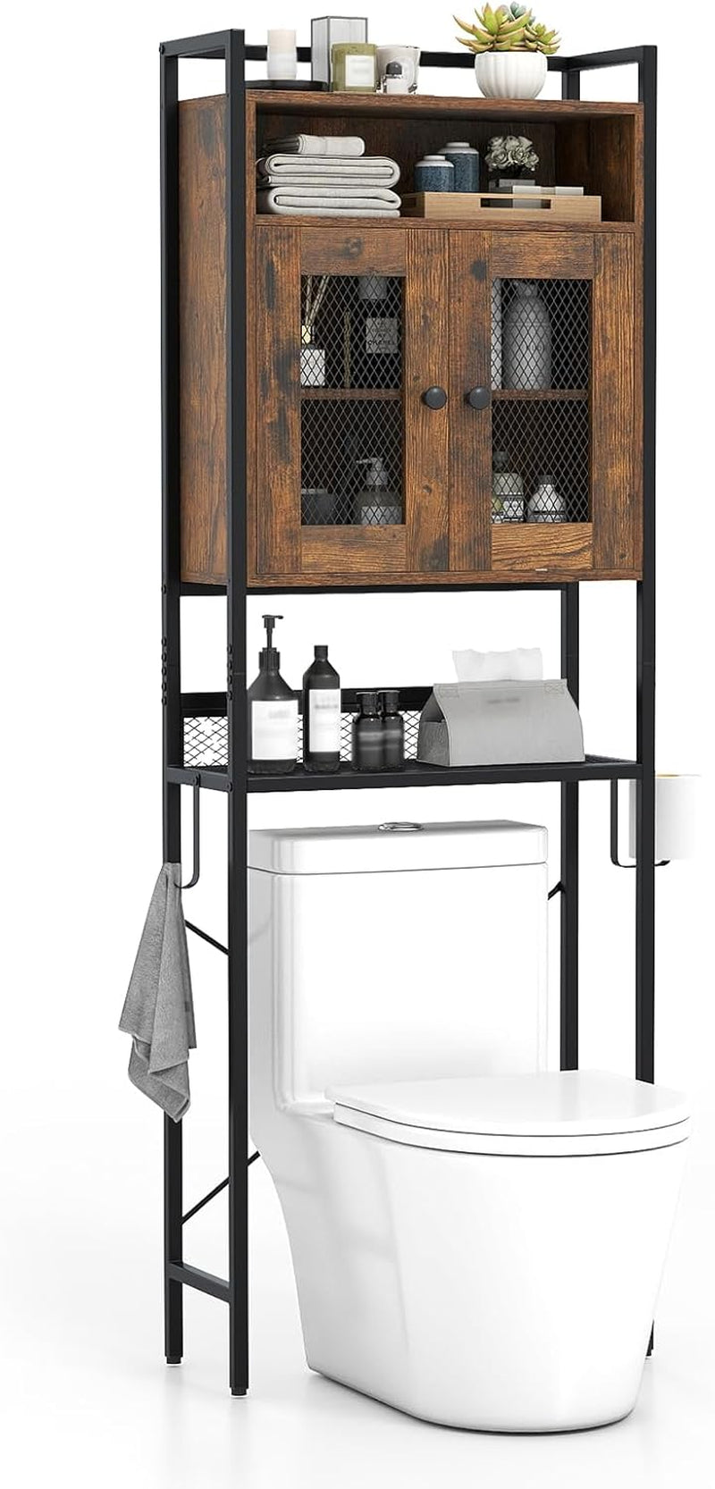 over the Toilet Storage Cabinet, 5-Tier Freestanding Space Saver W/Metal Stand, Mesh Grid Doors, Toilet Paper Holder & Hook, over Toilet Bathroom Organizer for Laundry Room, Restroom