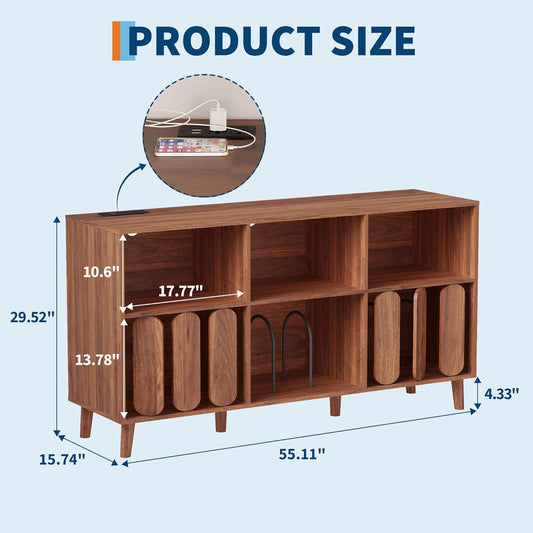 55" Record Player Stand, Wood Rustic Vinyl Record Storage Cabinet with Charging Station, 2 Outlets & USB Ports, Modern Wide Turntable Stand with Open Shelves Holder, Mid-Century Design