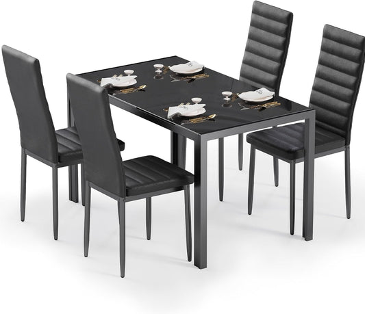 Kitchen Dining Table Set for 4, Tempered Glass 5 Piece Table and Chairs Set Modern for Home, Kitchen, Living Room, Dining Room (Black)