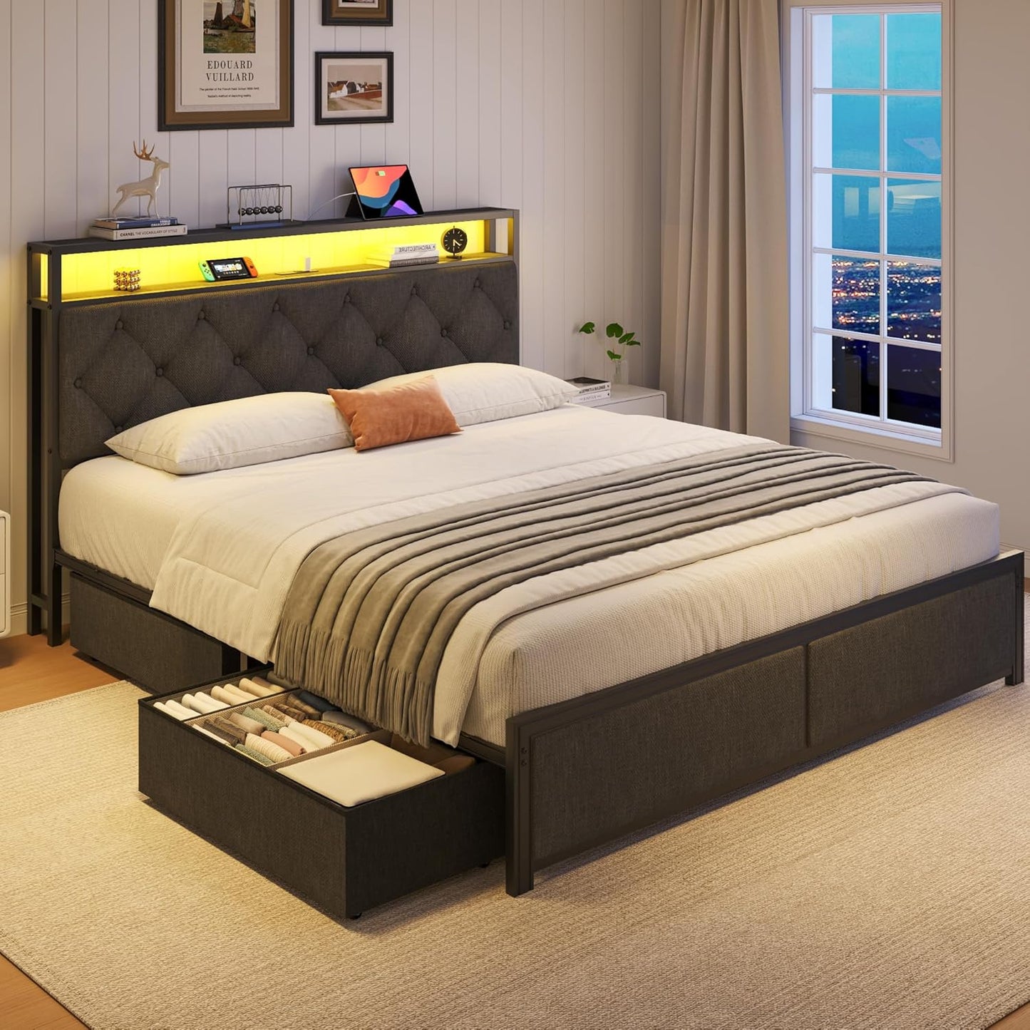 Grey queen bed frame with 4 drawers, LED lights and charging, view 7
