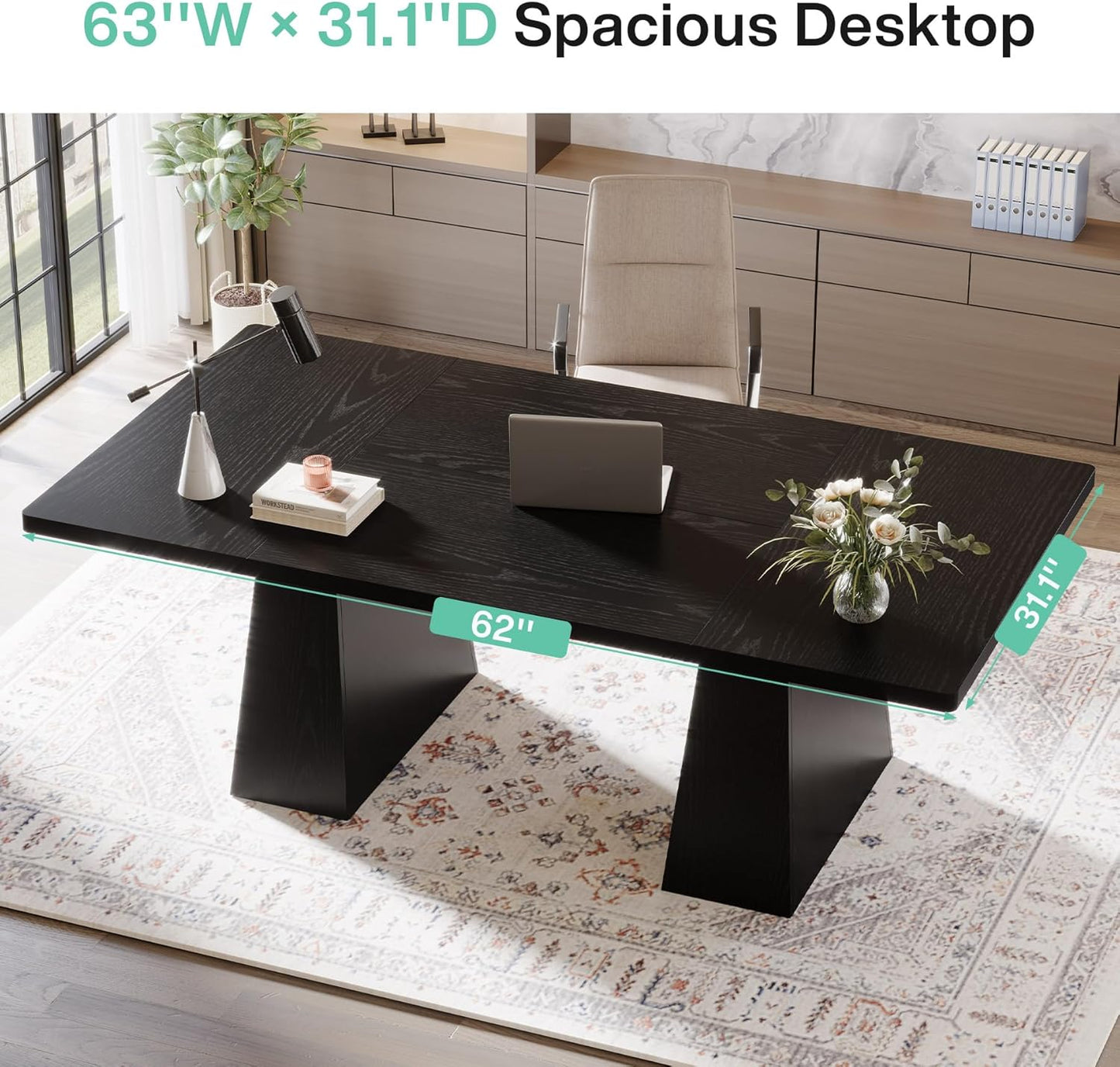 63-Inch Executive Desk, Large Office Computer Desk with Double Pedestal, Modern Simple Workstations Writing Table Conference Table Business Furniture for Home Office, Black