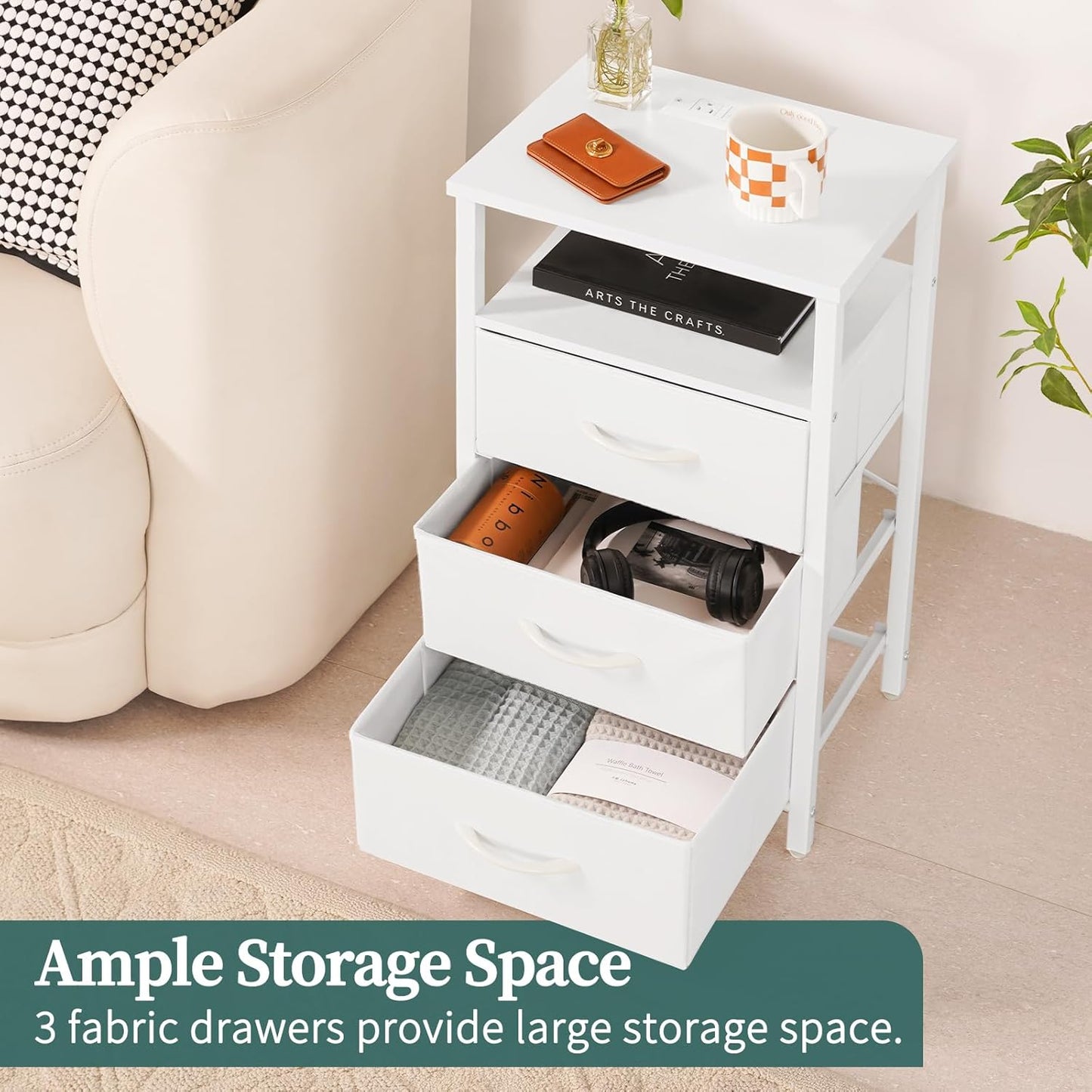 Night Stand with Charging Station, 16 Colors LED Nightstand with USB Ports and Outlets, End Table with 3 Fabric Drawers and Storage Shelf, Bedside Tables Small Dresser for Small Space White