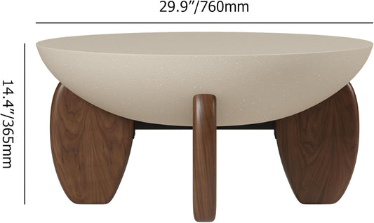 round Concrete Coffee Table with Premium Walnut Ash Wood Legs, Modern Minimalist Cement Finish Center Table for Living Room