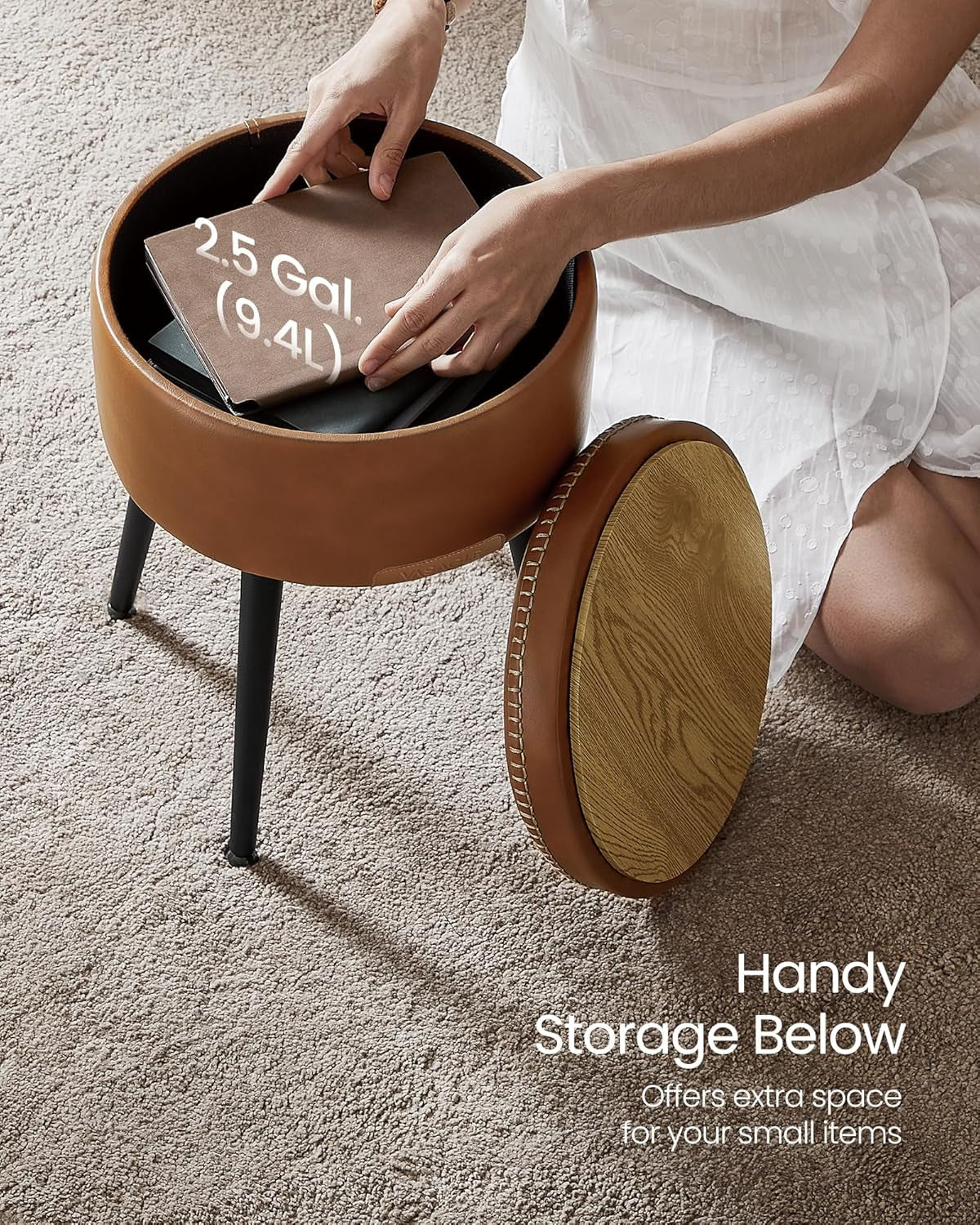 EKHO Collection - Storage Ottoman, Vanity Chair Stool, Synthetic Leather with Stitching, Mid-Century Modern, round Storage Seat with Steel Legs, Loads 330 Lb, Caramel Brown ULOM005K01