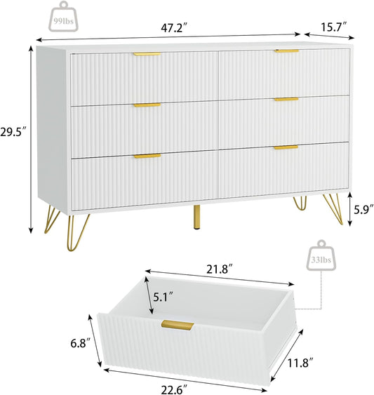 White 6 Drawer Dresser with Golden Handle, Fluted Wood Dressers, Modern Chest for Bedroom, Living Room, Hallway, Entryway