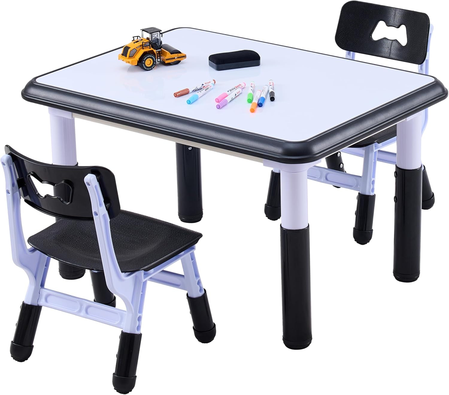 Kids Table & Chairs Set (2 Chairs), Height Adjustable Toddler Table and Chair Set for Kids Ages 3-8 with Graffiti Desktop, Learning & Art Activity Desk for Classroom, Home, Daycare (Black)