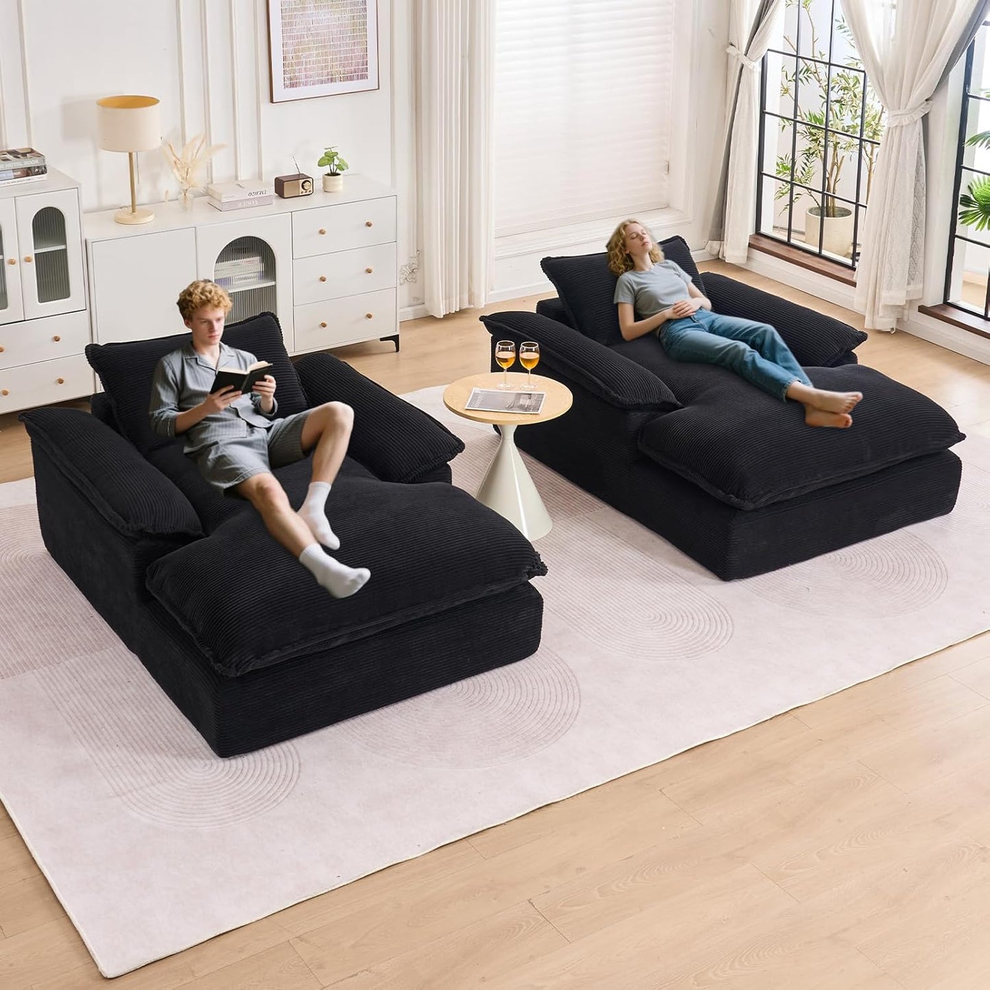 Oversized Chaise Lounge Chair Indoor, 67" Boneless Chaise Lounge with Extra Deep Seat, Comfy Corduroy Upholstered Sleeper Sofa Bed, Cozy Fluffy Single Sofa Armchair for Living Room, Black