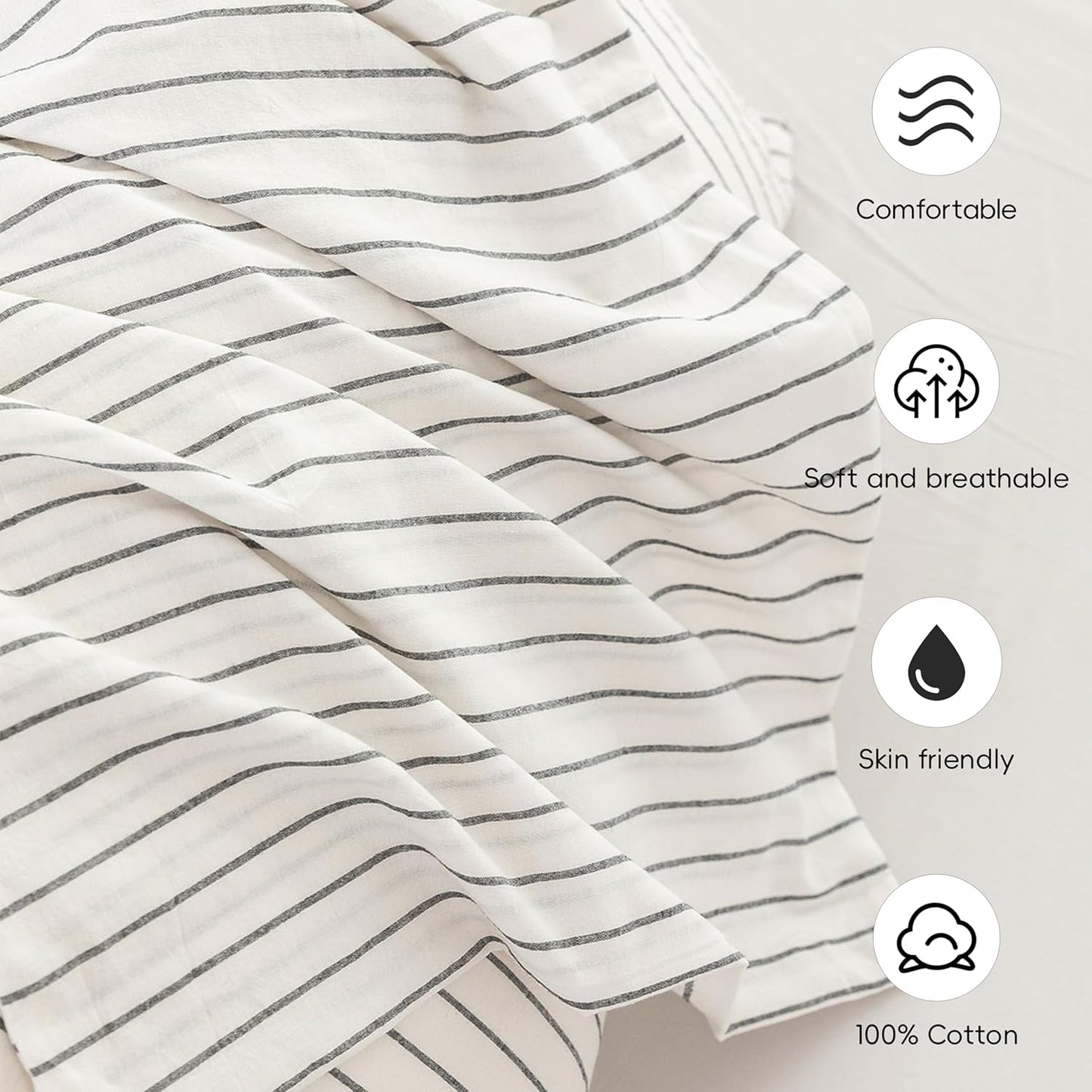 Bedding Pillowcases Striped Pack of 2 100% Washed Cotton Linen like Textured Breathable Durable Soft Comfy (White Dark Grey Wide Stripes, King)