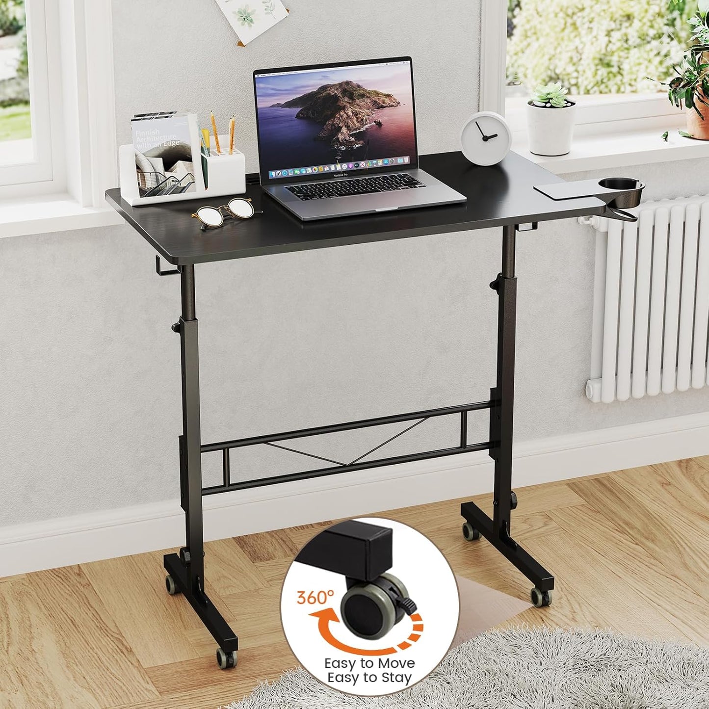 Small Standing Desk Adjustable Height, Mobile Stand up Desk with Wheels, Portable Walking Pad Table Stand, Rolling Laptop Cart for Standing or Sitting, Black