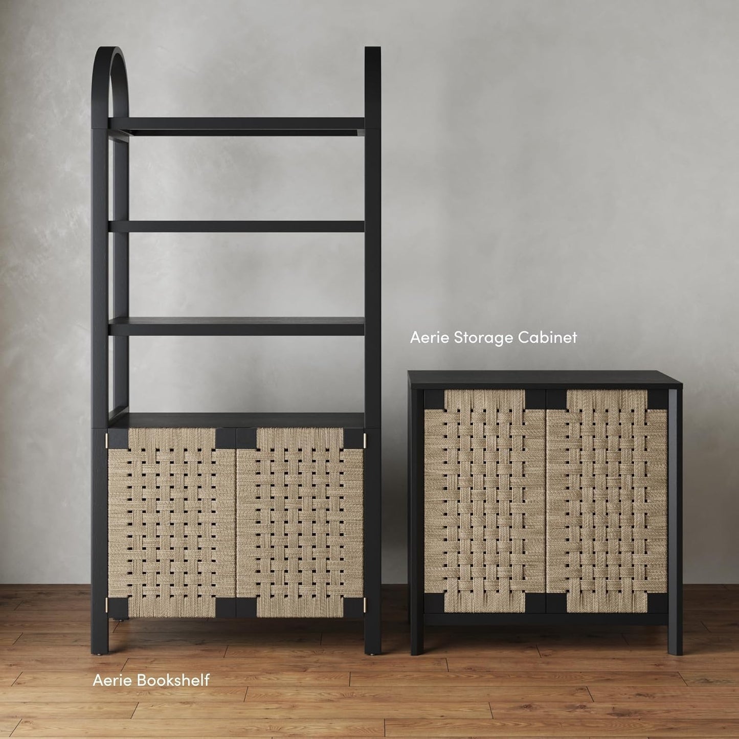 Aerie Boho Solid Wood Bookshelf, Arched Bookcase Cabinet with Natural Woven Seagrass Doors, Black/Seagrass Set of 2