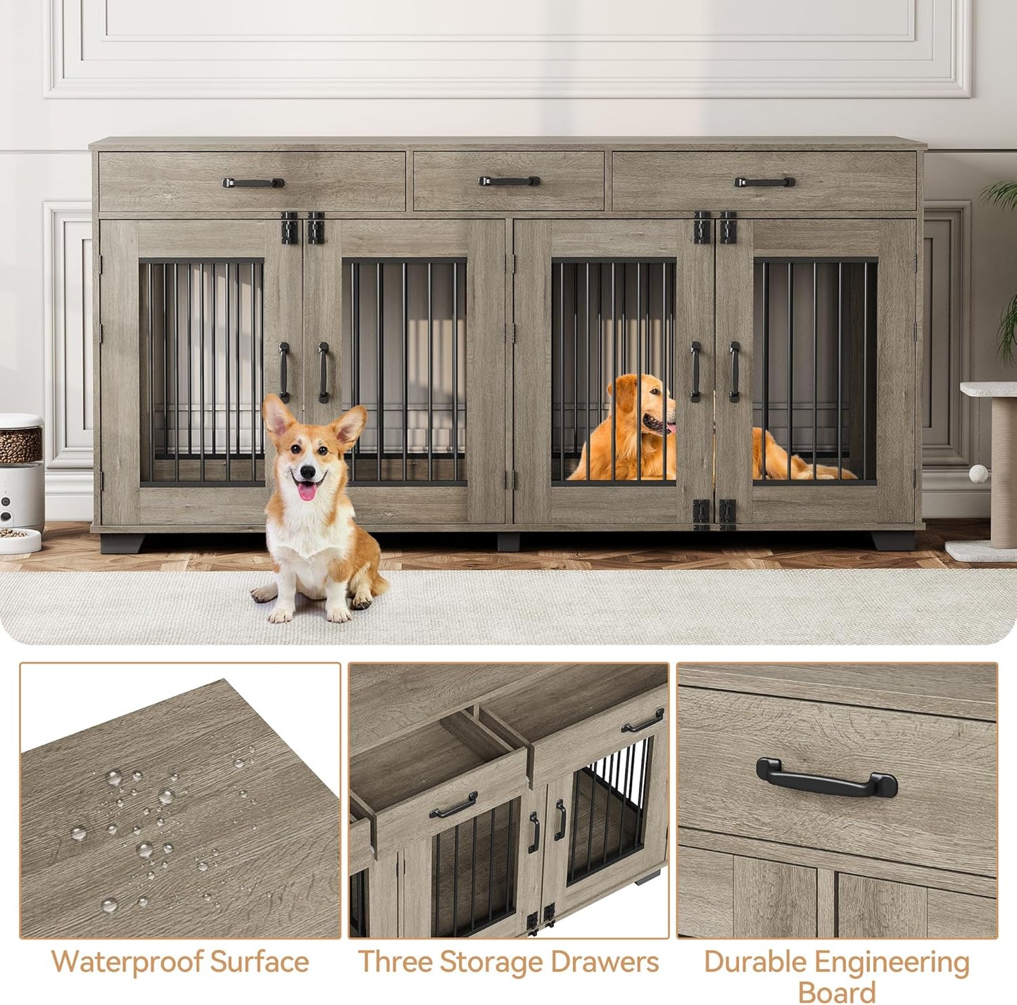 71 in Dog Crate Furniture for 2 Dogs, Wooden Double Dog Crate with 3 Drawers and Removable Room Divider, XXL Indoor Dog Kennel TV Stand End Table with Double Doors for Large Medium Dogs, Grey