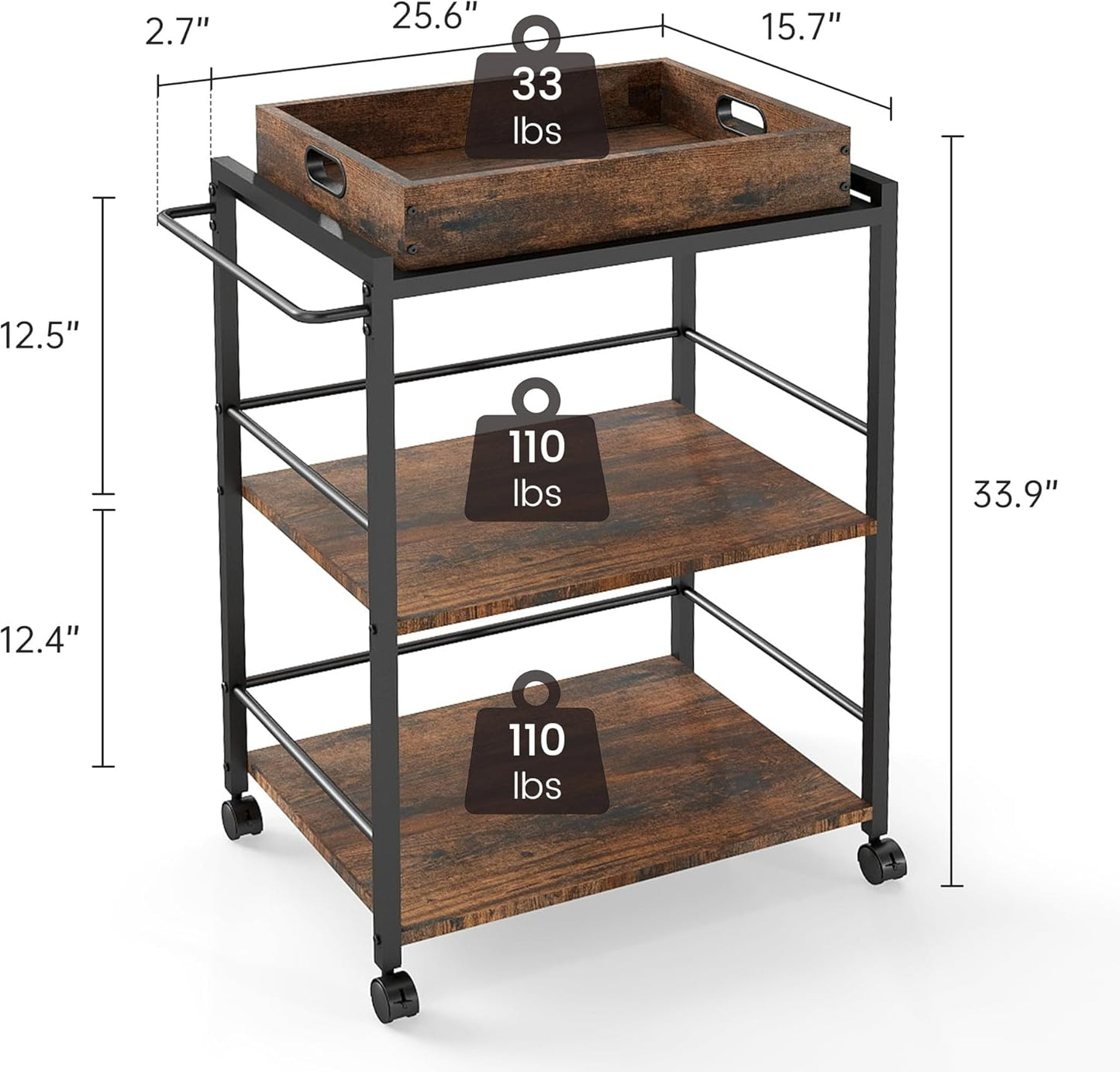 Kitchen Serving Cart with Wheels, Rolling Bar Cart for Home, Large 3 Tier with Detachable Server for Coffee, Tea, or Beverage Service, Rustic Farmhouse Design, Rustic Brown and Black
