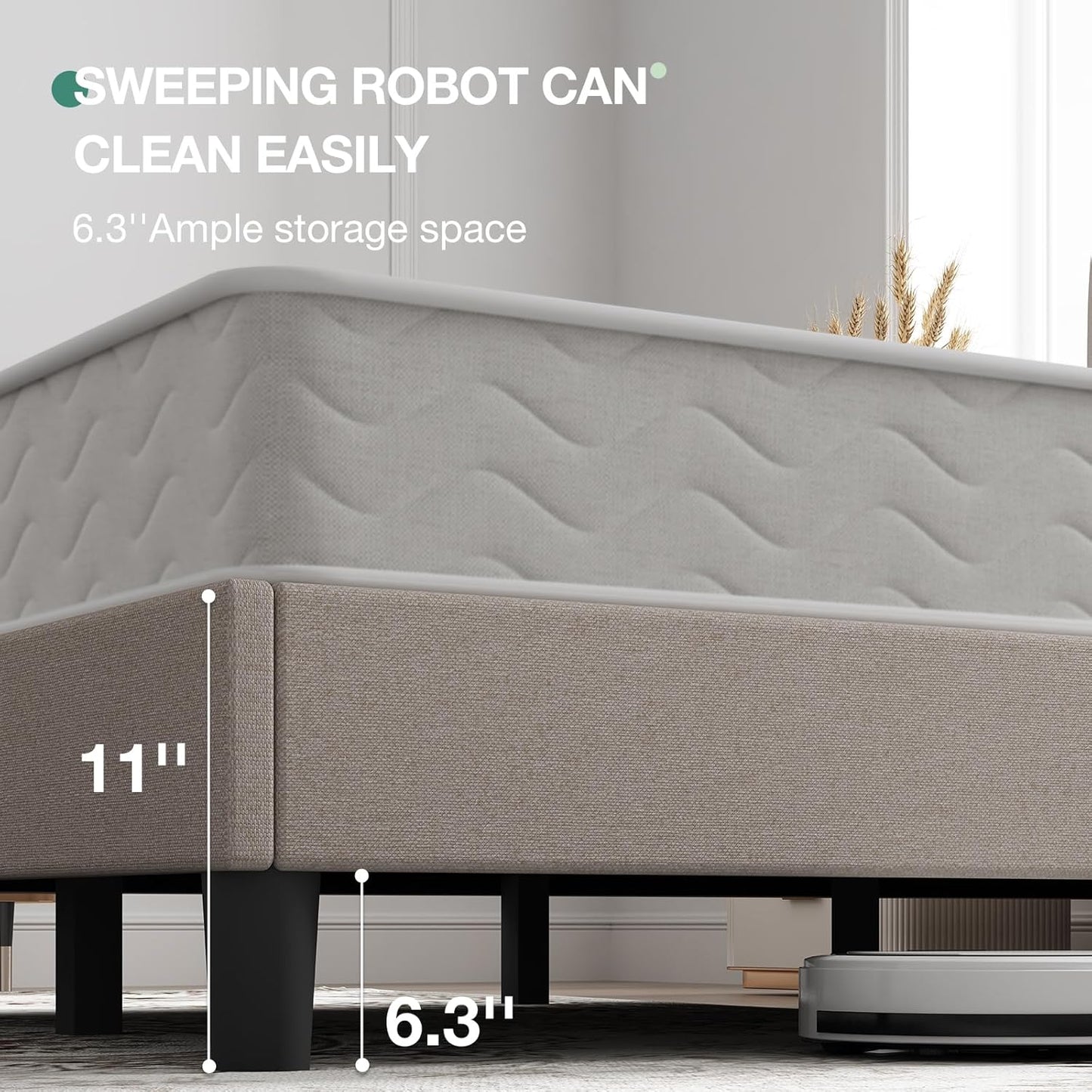 Beige king platform bed frame with adjustable linen headboard, view 8