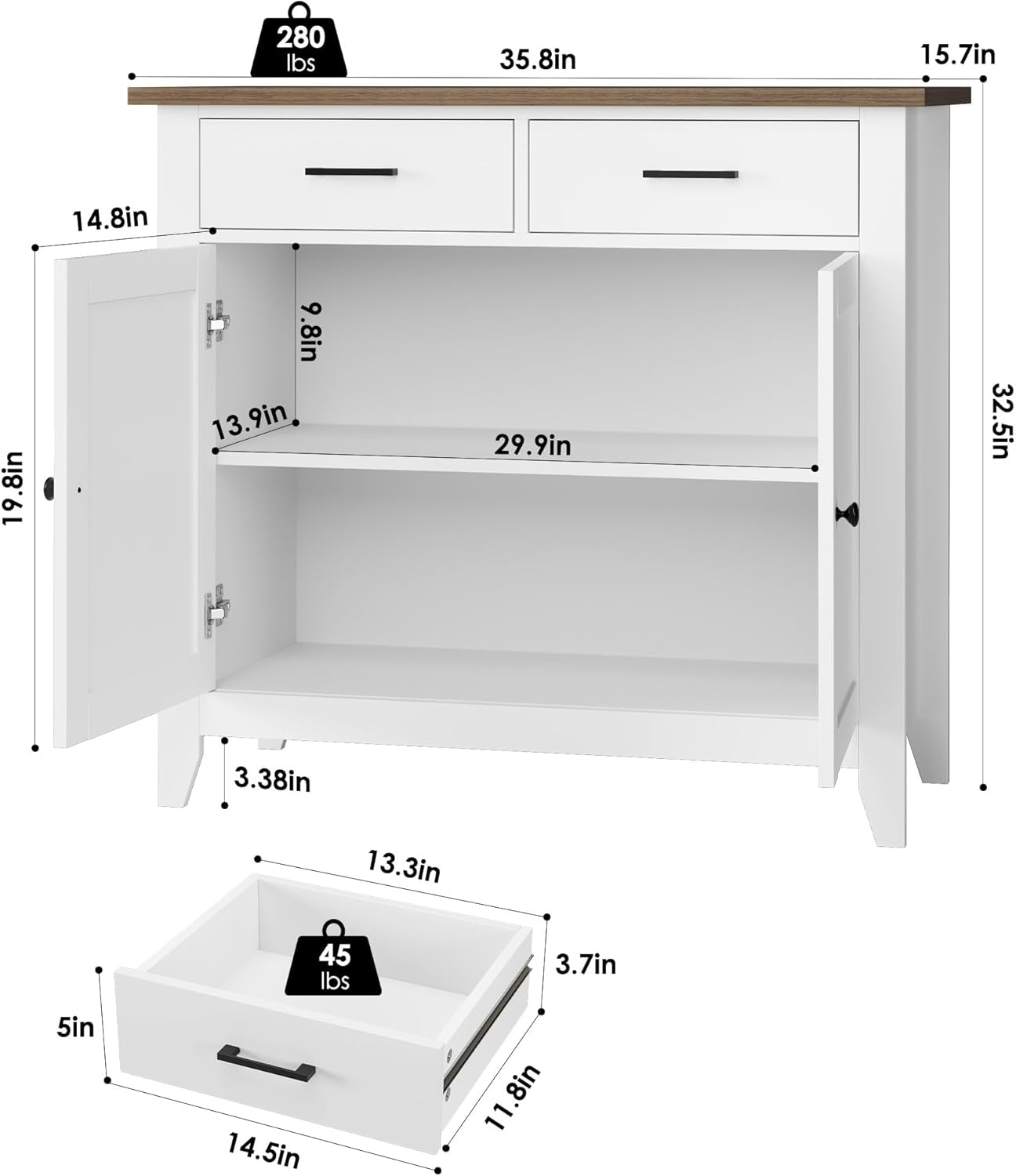 Kitchen Storage Cabinet, Modern Farmhouse Buffet Cabinet with Storage, Coffee Bar with 2 Drawers and 2 Doors, Floor Sideboard Buffet for Living Room, Dining Room, Bathroom, Ivory White