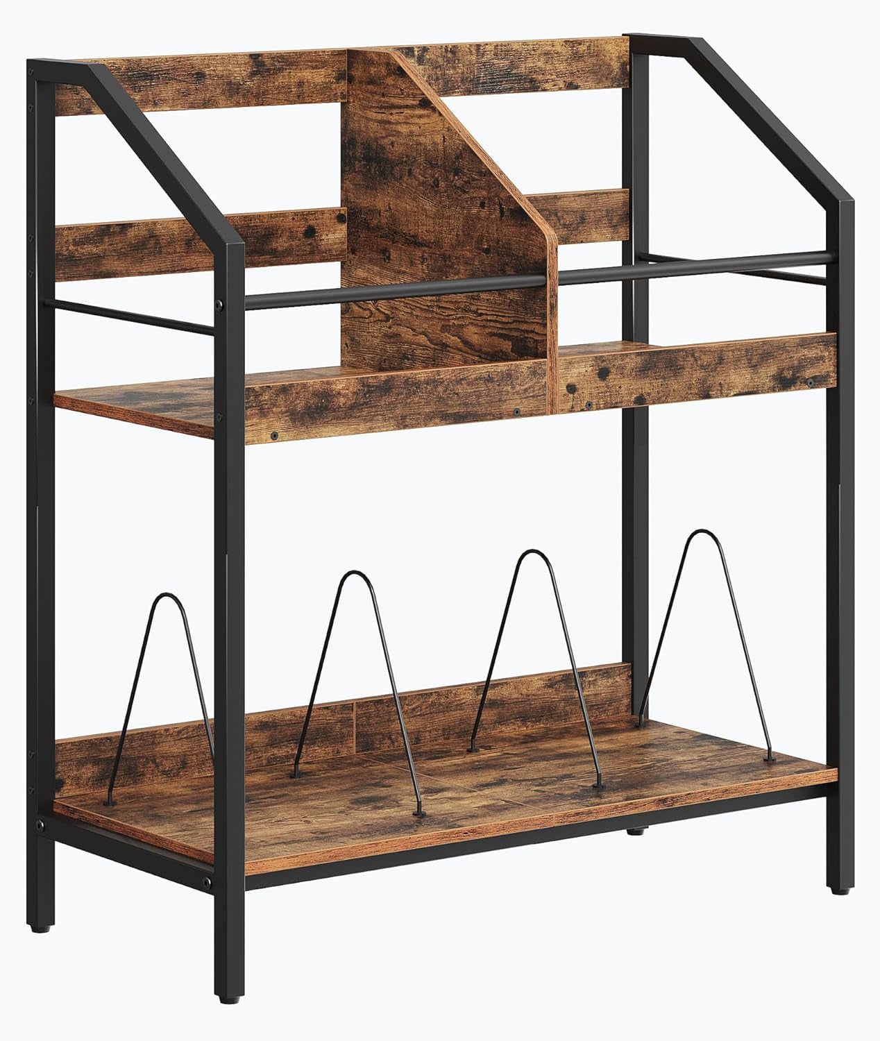 Rustic brown 2 tier wooden vinyl record storage rack with wire dividers, view 8