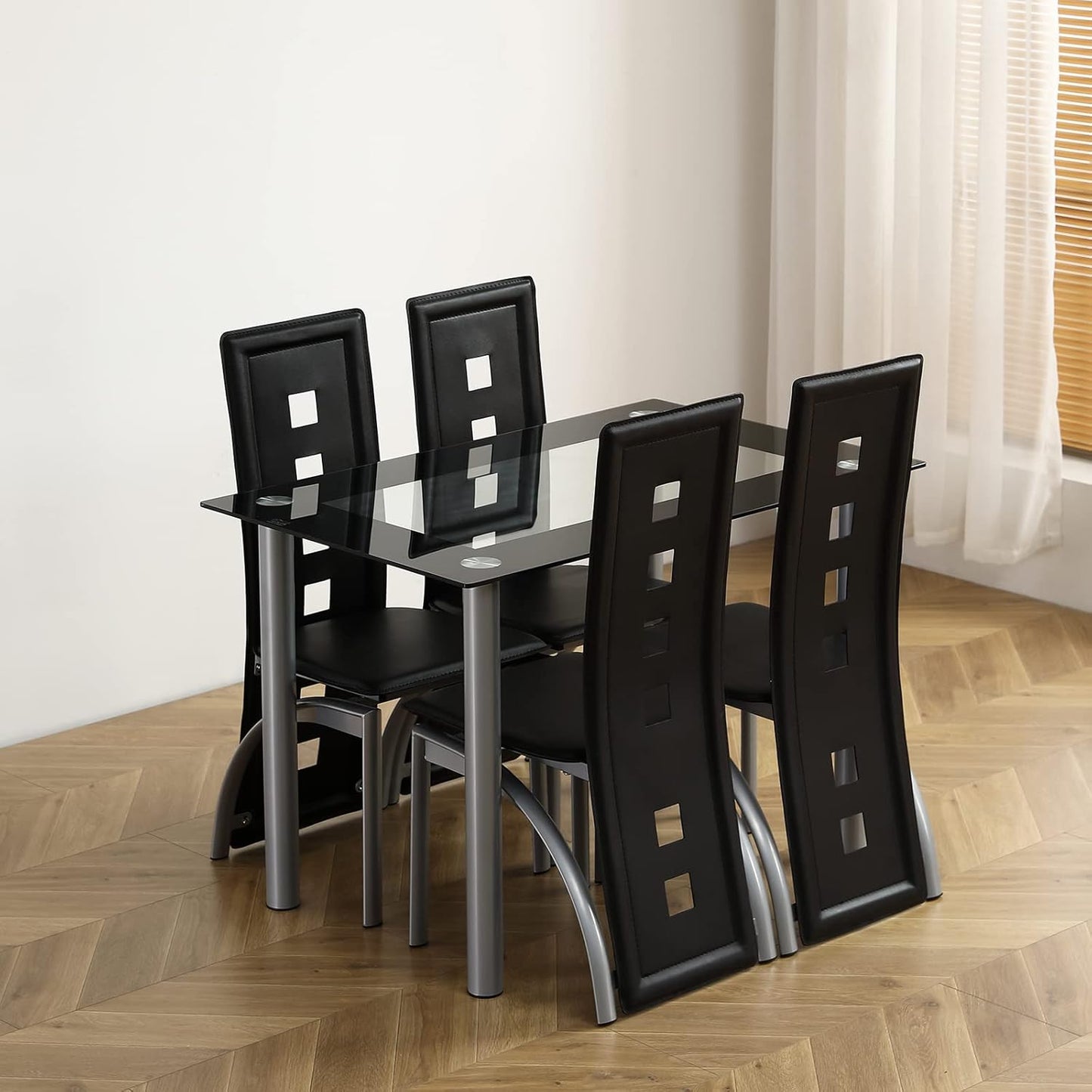 5-Piece Dining Table Set with 1 Glass Dining Table and 4 PVC Chairs, Modern Dining Table Set for Kitchen & Breakfast Dining Living Room, Space Saving
