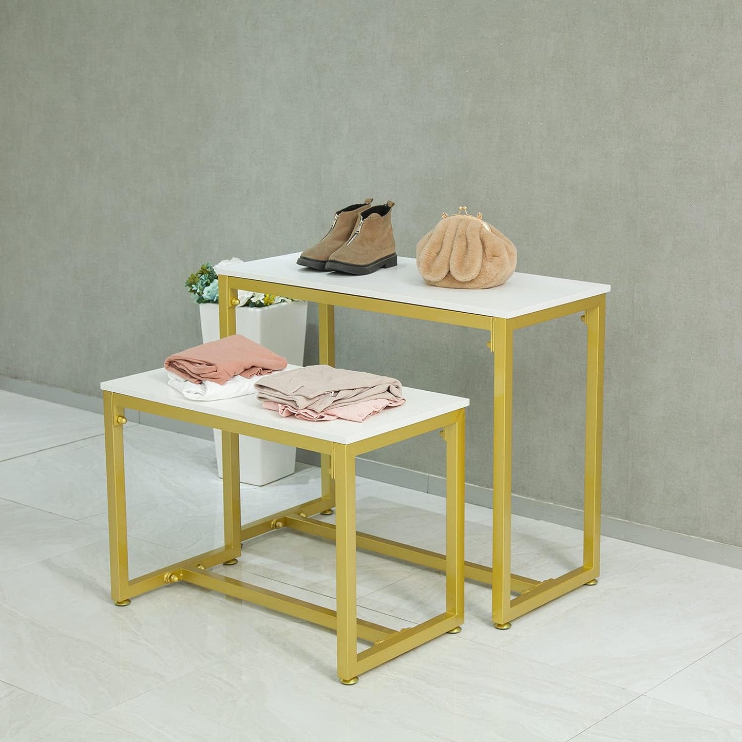 Metal Shoe Handbag Retail Display Racks, Nesting Tables 2 Piece Set, Display Stand for Retail Stores, Iron and Wood, Gold