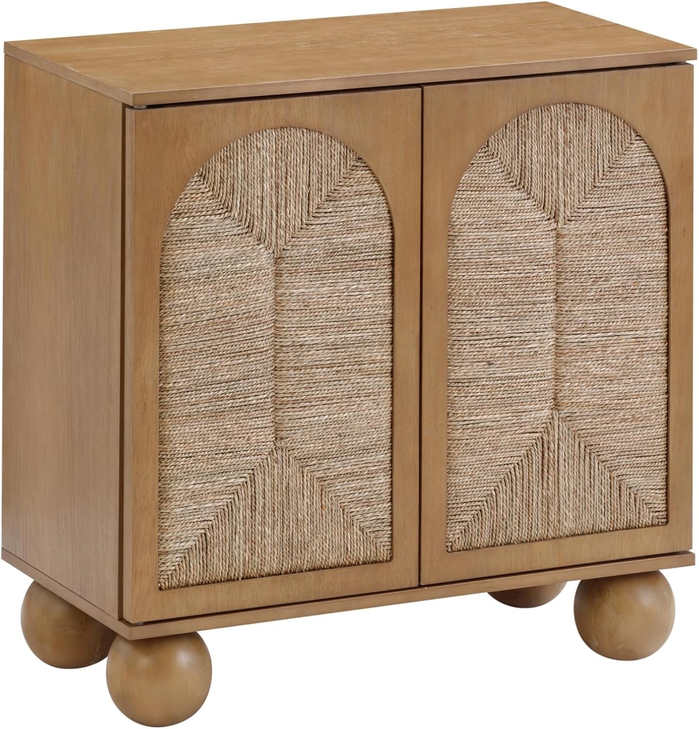 Leah Boho Entryway Storage Cabinet or Sideboard Cabinet for Kitchen or Living Room with Ball-Style Feet, Natural Seagrass Door Fronts and Solid Wood Legs, Light Brown