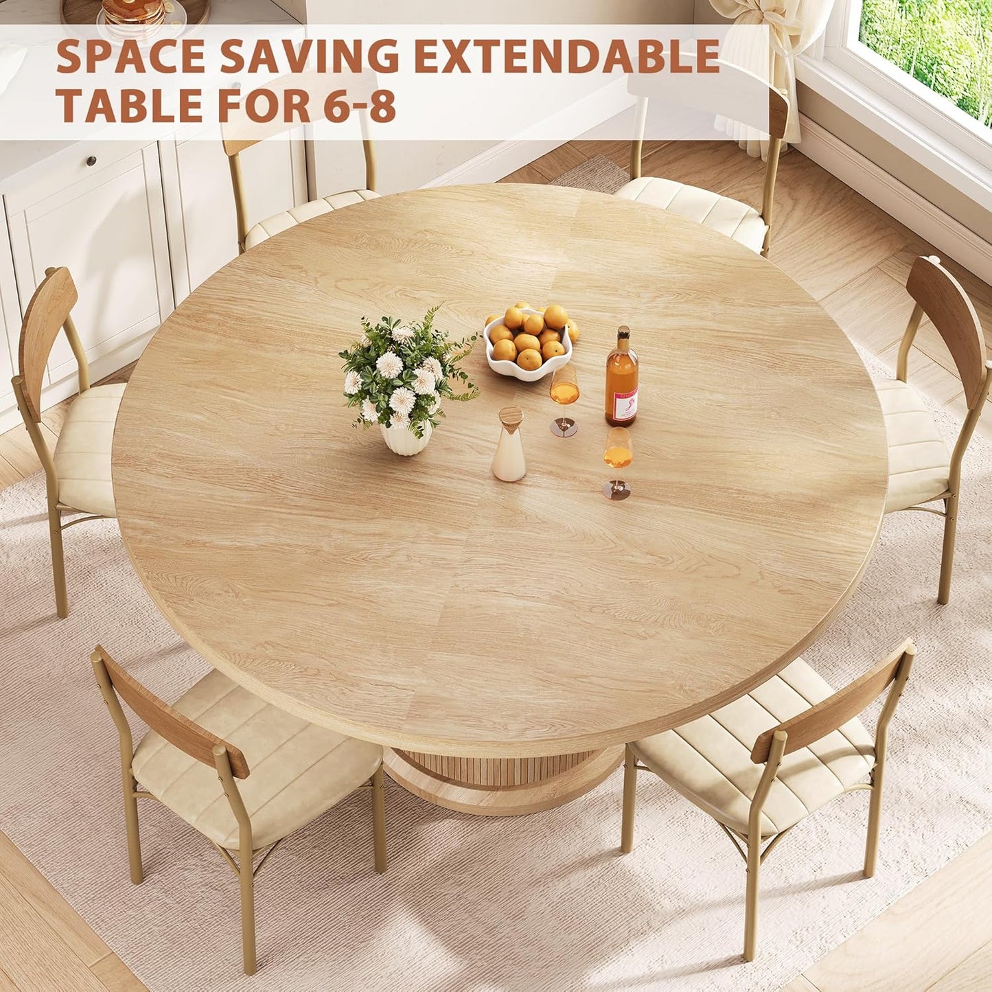 Dining Table for 4-6,63“Extendable round Kitchen Dining Room Table with 2-Tier Storage Shelf, Space Saving Expandable Wood Oval Circle Dinner Furniture with Pedestal Base (Natural)