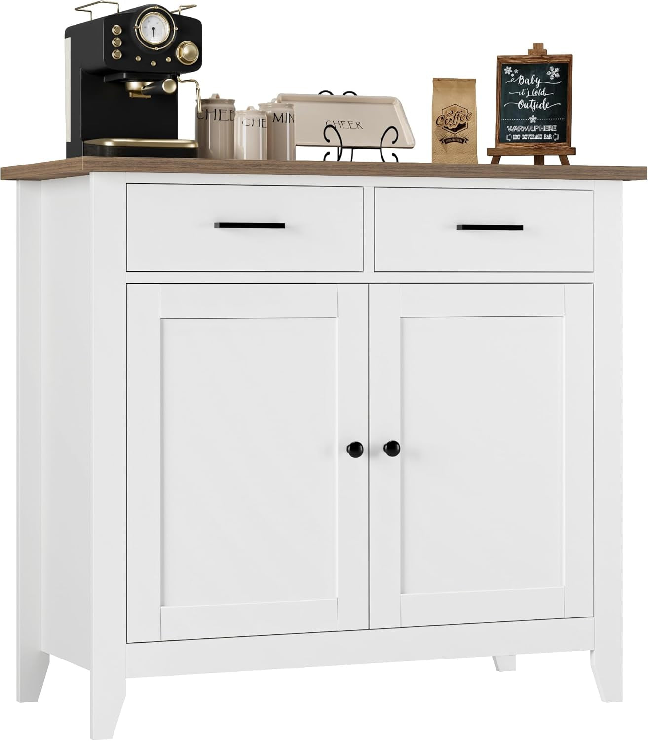 Kitchen Storage Cabinet, Modern Farmhouse Buffet Cabinet with Storage, Coffee Bar with 2 Drawers and 2 Doors, Floor Sideboard Buffet for Living Room, Dining Room, Bathroom, Ivory White