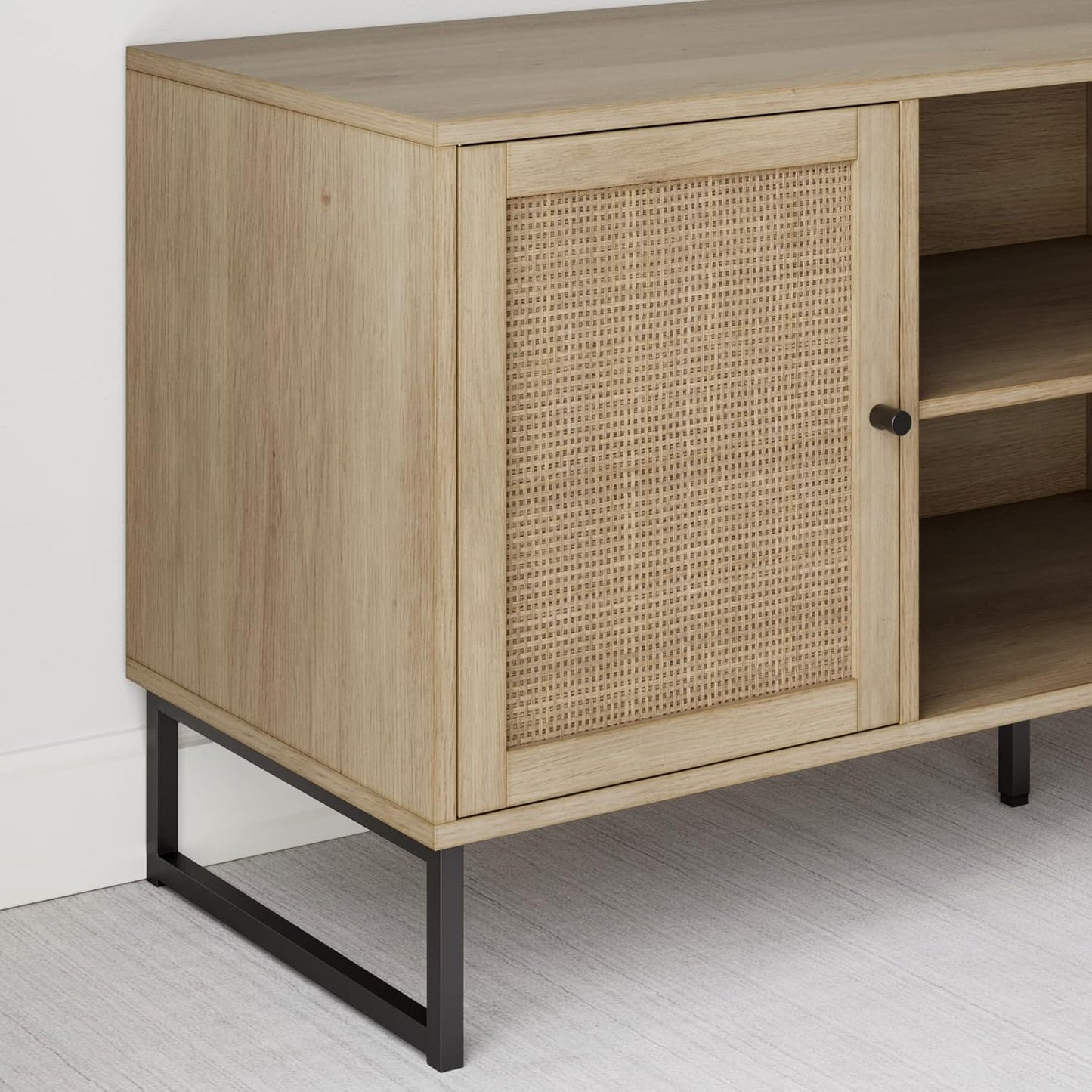 74101 Mina Modern TV Stand, Entertainment Cabinet, Media Console with a Natural Oak Wood Finish and Matte Black Accents with Storage Doors for Living Room or Media Room, Oak/Black