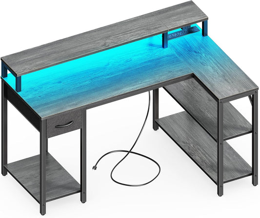 47 Inch Reversible L Shaped Desk with LED Lights & Power Outlets, Computer Desk with Shelves & Monitor Stand, Gaming Desk with Drawer, Home Office Desk Corner Desk, Grey