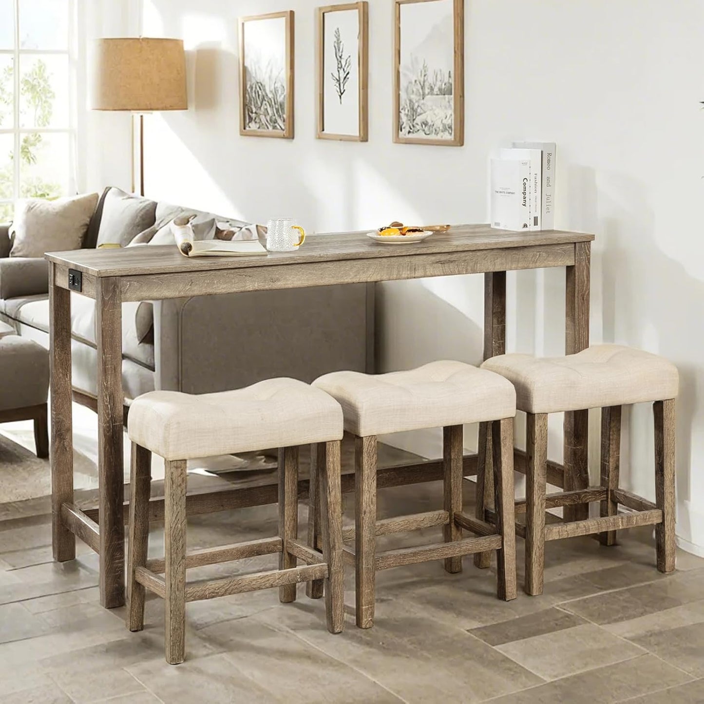 59" Counter Height Bar Table Set with Power Outlet, Industrial Breakfast Table with 3 Padded Stools, 4 Piece Bar Table and Chairs Set for Living Room, Dining Room, Brown