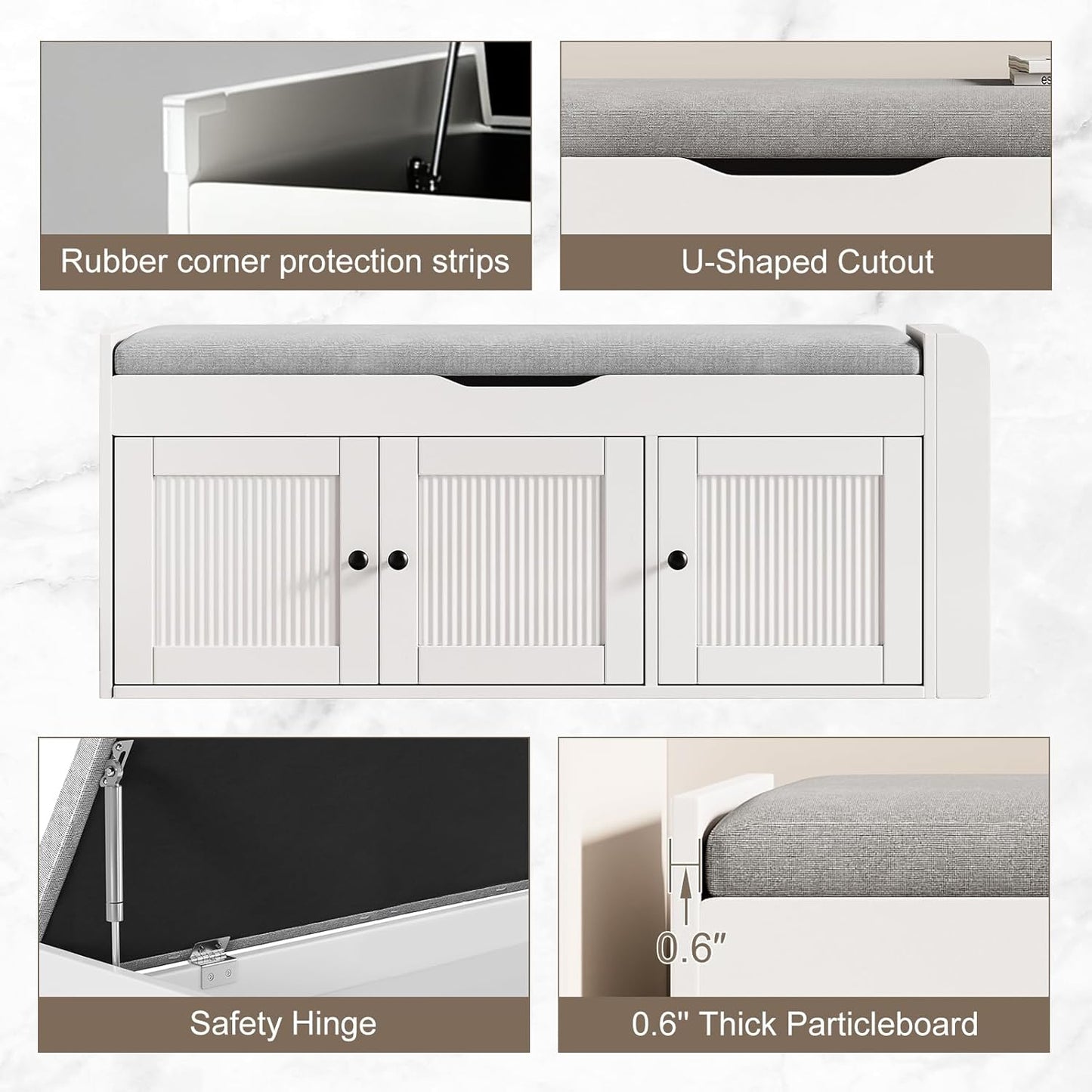 42.6" Storage Bench - Entryway Shoe Bench with Side Storage Shelves and 3 Doors, Multifunctional Entryway Bench with Lift Top Cushion, Shoe Storage Bench for Bedroom, Living Room, White