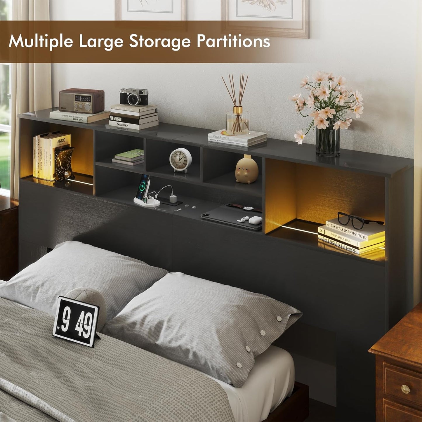 81" King Size Headboard Only, Black Storage Headboard with USB for King Size Bedroom, Wood Head Board with 2 LED Lights, Black Bookshelf