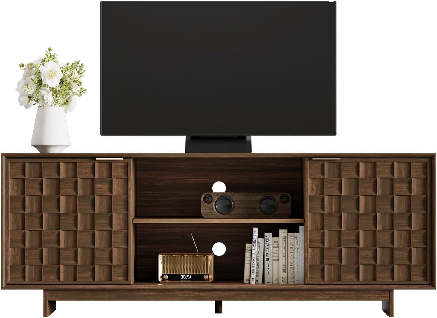 TV Stand with Two Doors, Entertainment Center 59" with Adjustable Shelves and Storage, Mid-Century Modern TV Stand for 50/55/65 Inch TV, Media Console Cabinet for Living Room, Bedroom Walnut