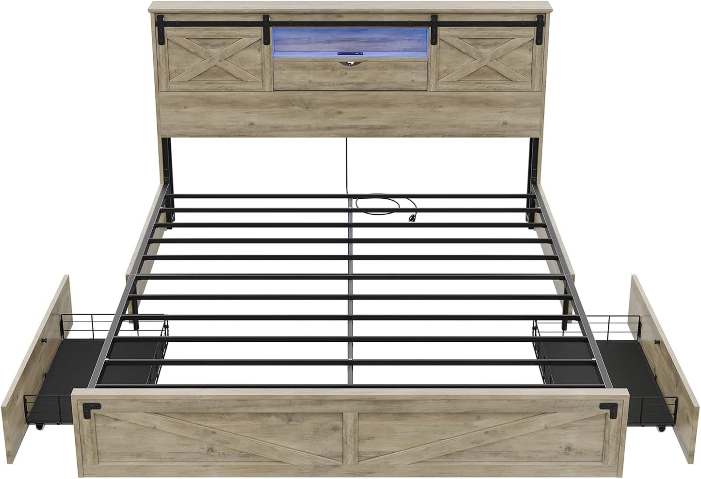 Farmhouse Bed Frame California King Size with Storage Bookcase Headboard, Wooden Cal King Bed with LED Lights, Charging Station, 2 Drawers, Country Rustic Bed Frame with Sliding Barn Door