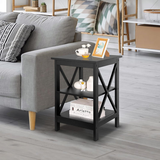 3-Tier End Table with Storage Shelves Versatile X-Design Wood Sofa Side Table for Living Room Bedroom Apartment Small Spaces, Black